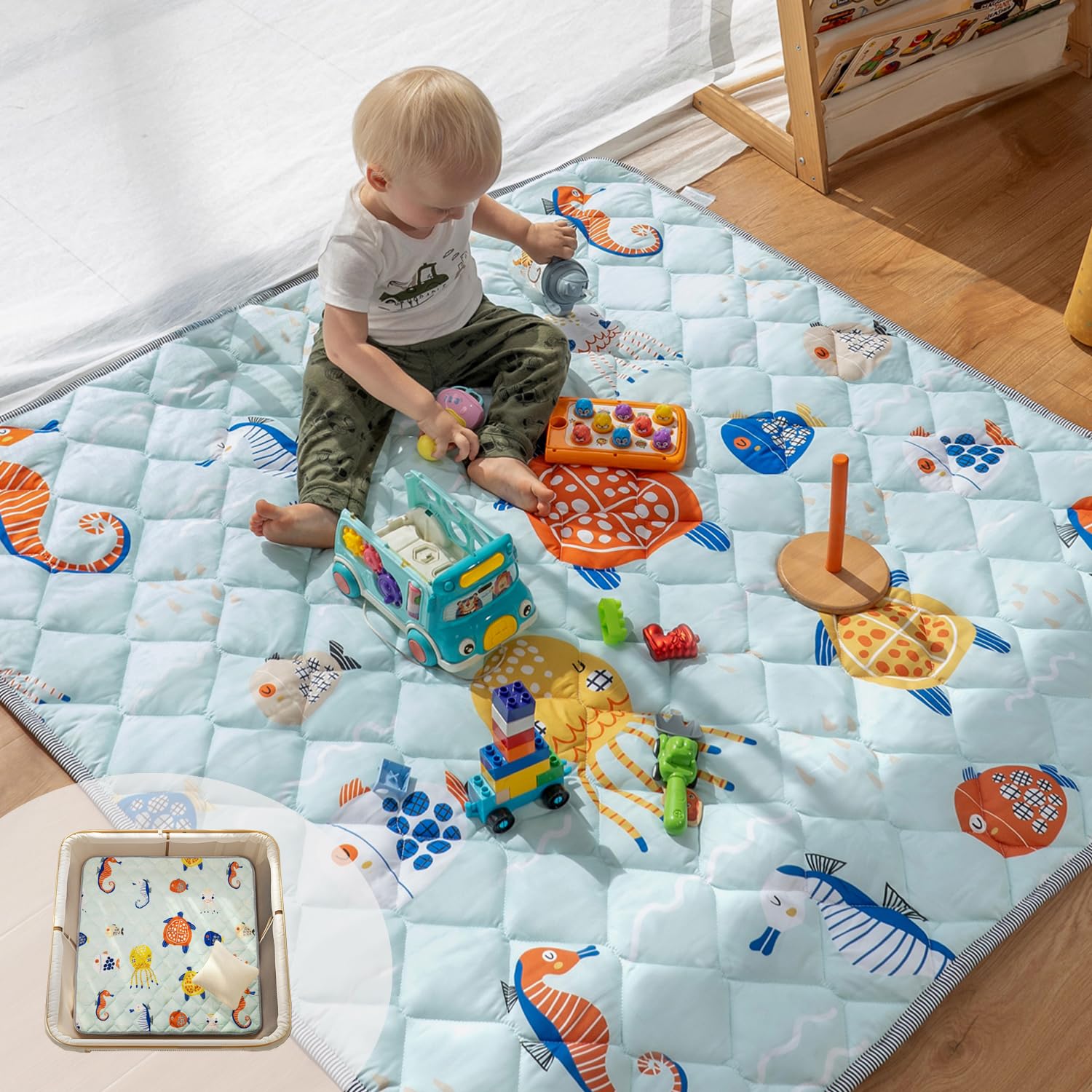 Sinhaklóho Tappeto Gioco Bambini Extra Spesso e Pieghevole, Antiscivolo, Lavabile in Lavatrice, 127×127 cm, Senza Odore, Ideale per Pavimenti e Box Neonato, Meraviglie Marine