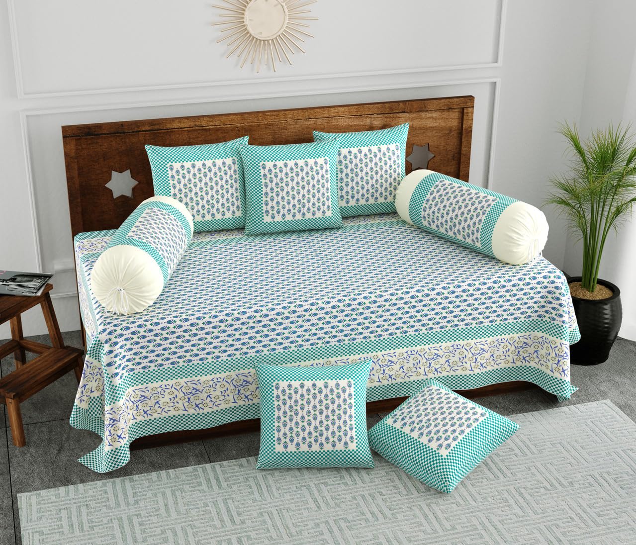 Pure Cotton Diwan Set 8 Piece, Turquoise & Cream Floral Buti, Jaipuri Handcrafted Print, 1 Bedsheet 2 Bolster 5 Cushion Covers, Traditional Diwan Set for Living Room Hall-image-29