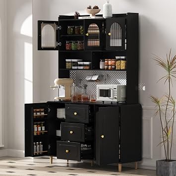 Merax Kitchen Cabinet Tall Cabinet with Worktop Buffet Cabinet with Perforated Board Storage Space Ribbed Glass and Adjustable Shelves Kitchen Buffet for Kitchen and Dining Room 120 x 40 x 190