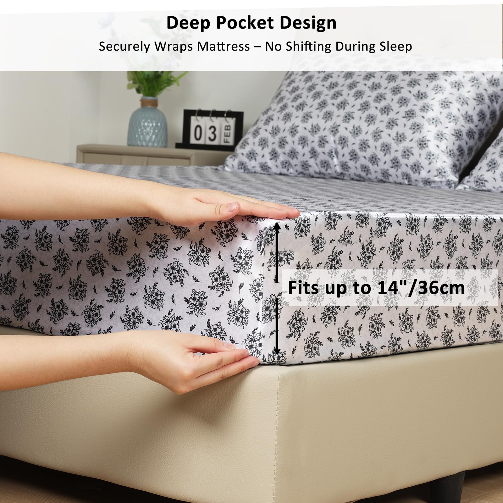 Lirex Satin Fitted Sheet, Silky & Soft Polyester Satin Weave Bed Sheets, 36 cm Deep Pocket with Elastic Corner Straps, Queen - Image 3