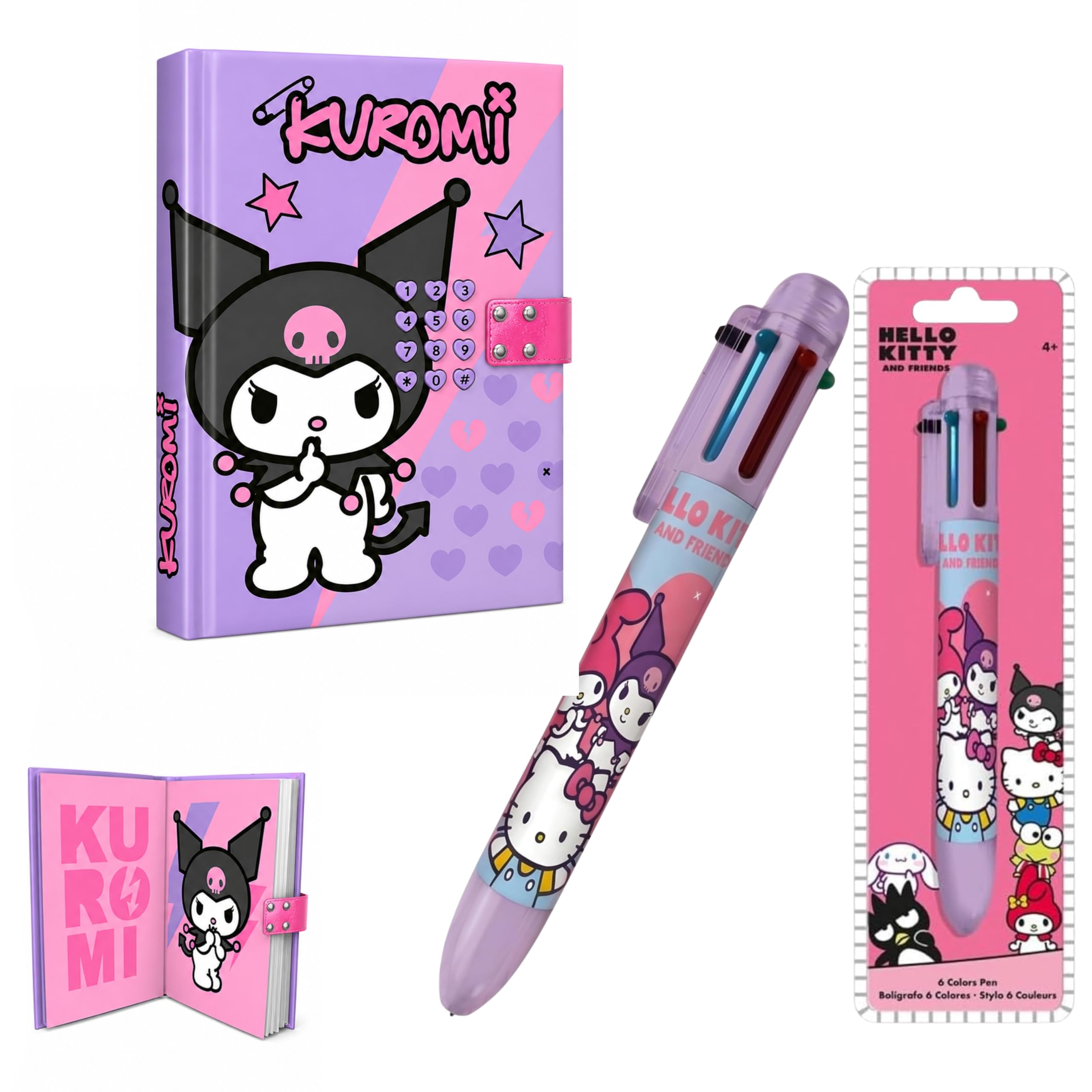 SRV Hub Kuromi Journal électronique secret avec code, son et lumières avec stylo de couleur 6 en 1 Hello Kitty, ensemble de papeterie d'écriture et de dessin pour filles, cadeau de rentrée scolaire