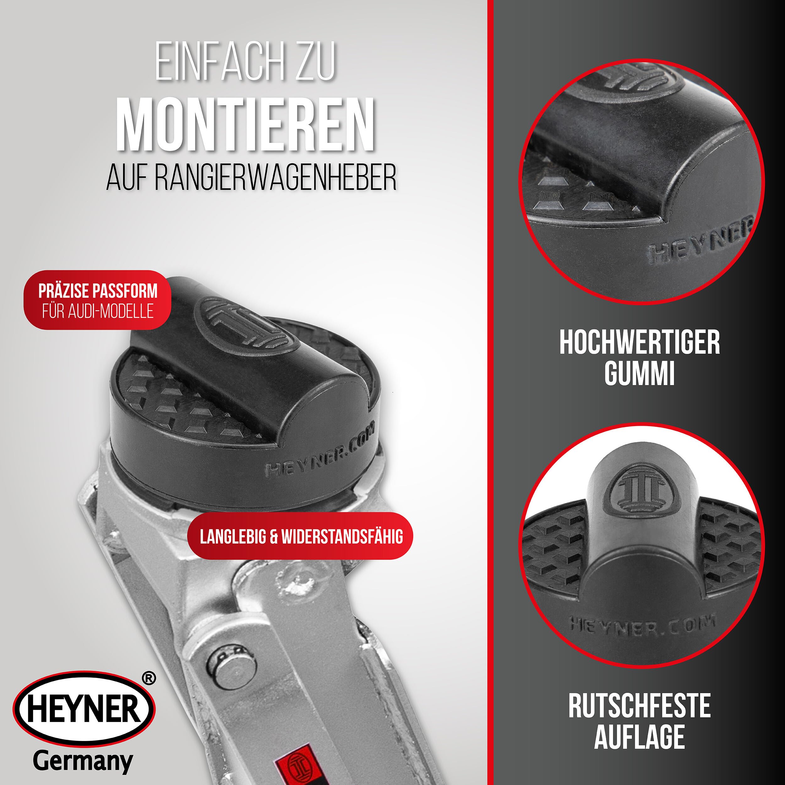 HEYNER® Zestaw hydraulicznych podnośników manewrowych 2,25 t – wyjątkowo płaski (85–380 mm), 2 koła obrotowe, gumowe talerze o średnicy 45 mm, w zestawie gumowa podkładka do samochodów marki Audi,