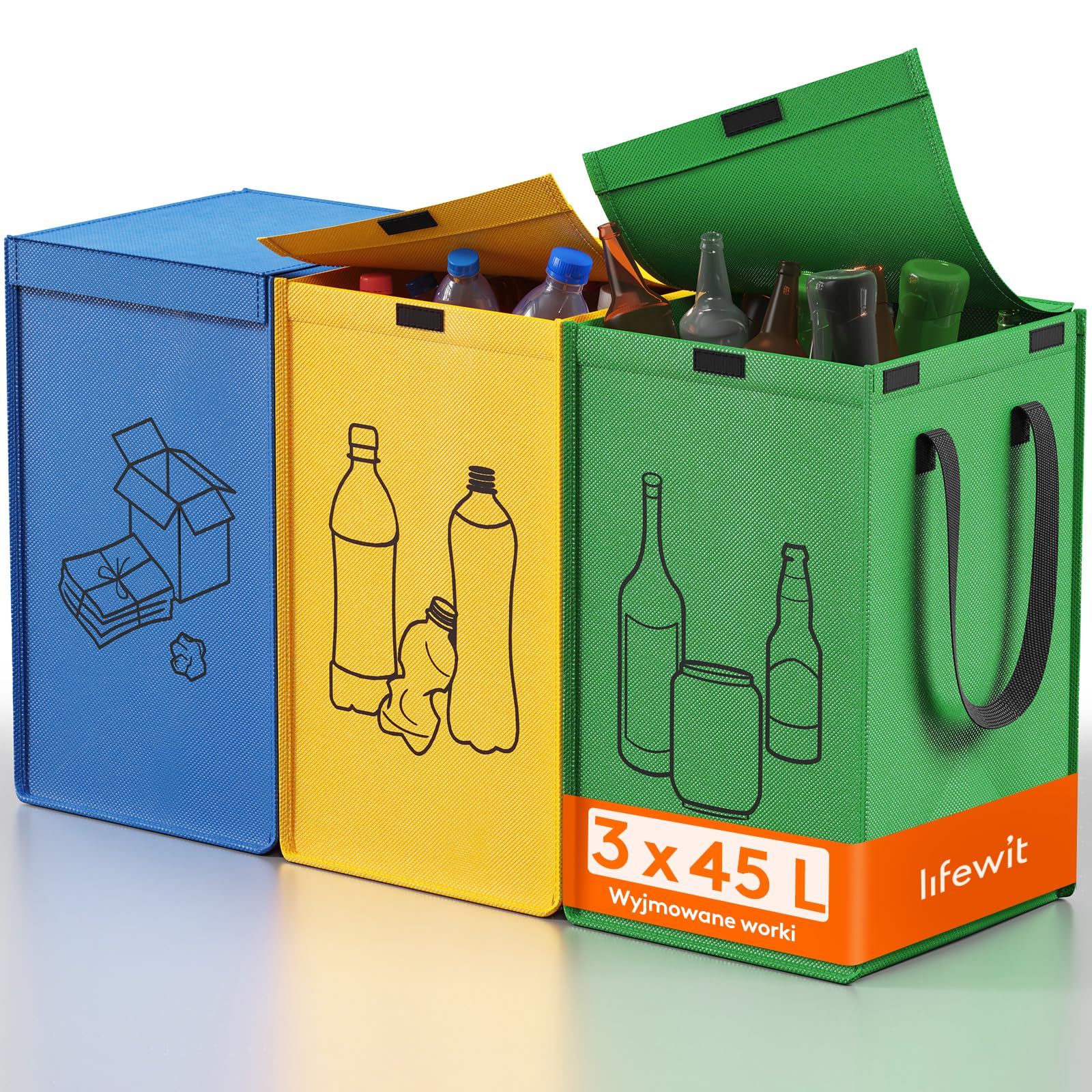 Lifewit System segregacji śmieci z pokrywką, pojemnik na odpady i butelki na kaucję, 3 przegródki na papier, szkło i plastik, recykling, 3 x 45 l, łatwe opróżnianie