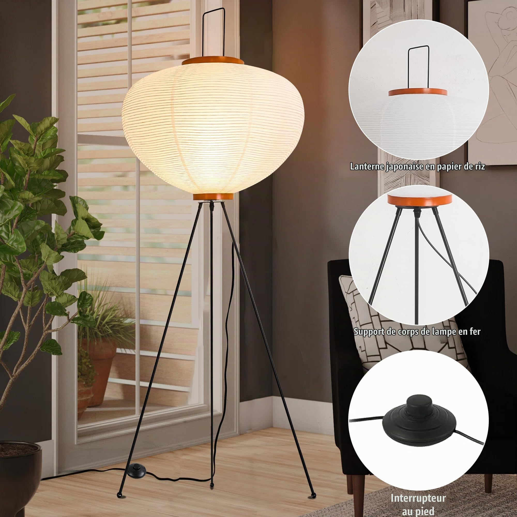 Lampadaire sur Pied Salon en papier,Lampe sur Pied avec abat-jour en papier fait main,E27 LED Lampadaires 120 cm, décoration japonaise pour chambre à coucher avec Interrupteur à Pédale