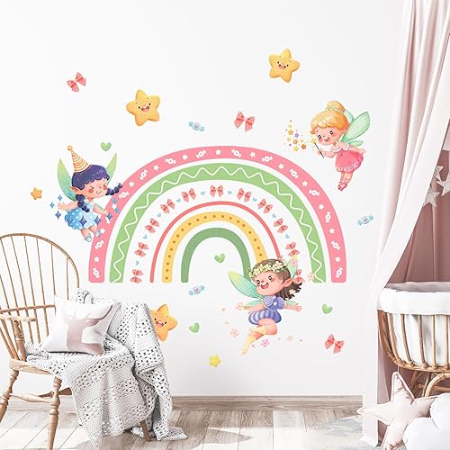 Miniatura 8 de Tanlaby Calcomanías de pared grandes de hadas de arco iris, calcomanías de pared de elfo y estrellas, calcomanías de pared para niñas, dormitorio,