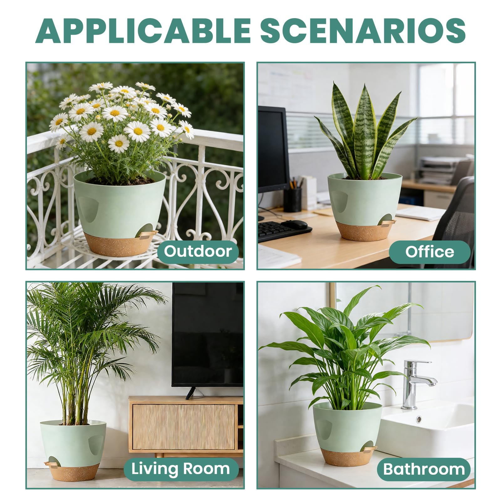 Shinybox 5 Piezas Maceta de Interior con Drenaje, 17.8/16.5/15.2/13.9/12.7cm Macetas de Auto-Riego, Macetas de Plástico con Asa, Macetas de con Forma de Flor para Interior para Decoración(Verde) — view 7