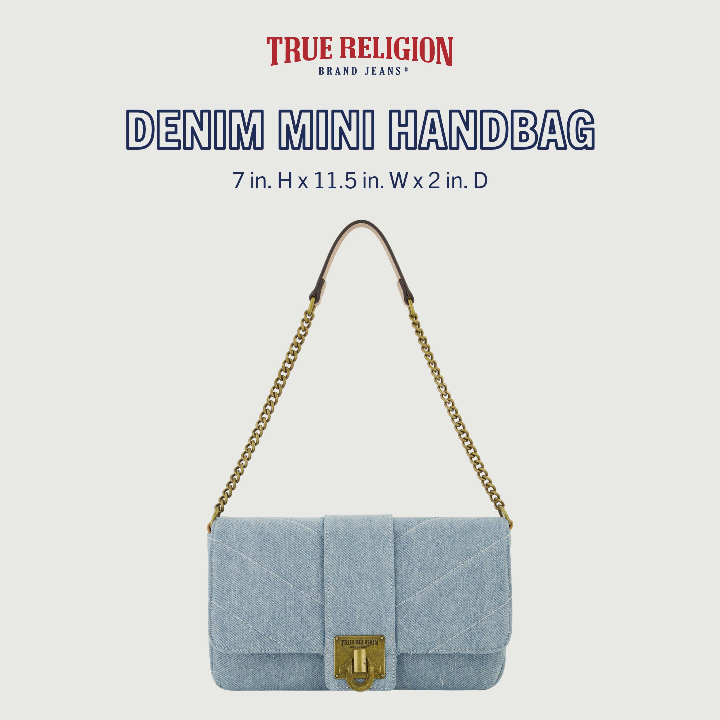 True Religion Women's Shoulder Bag Purse, Denim Mini Handbag with Chain Strap, Light Blue
