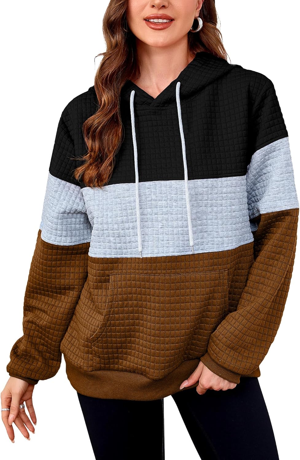 Women’s Waffle Color Block Pullover Sweatshirts Hoodies Drawstring Hooded Sweatshirt for Women Trendy