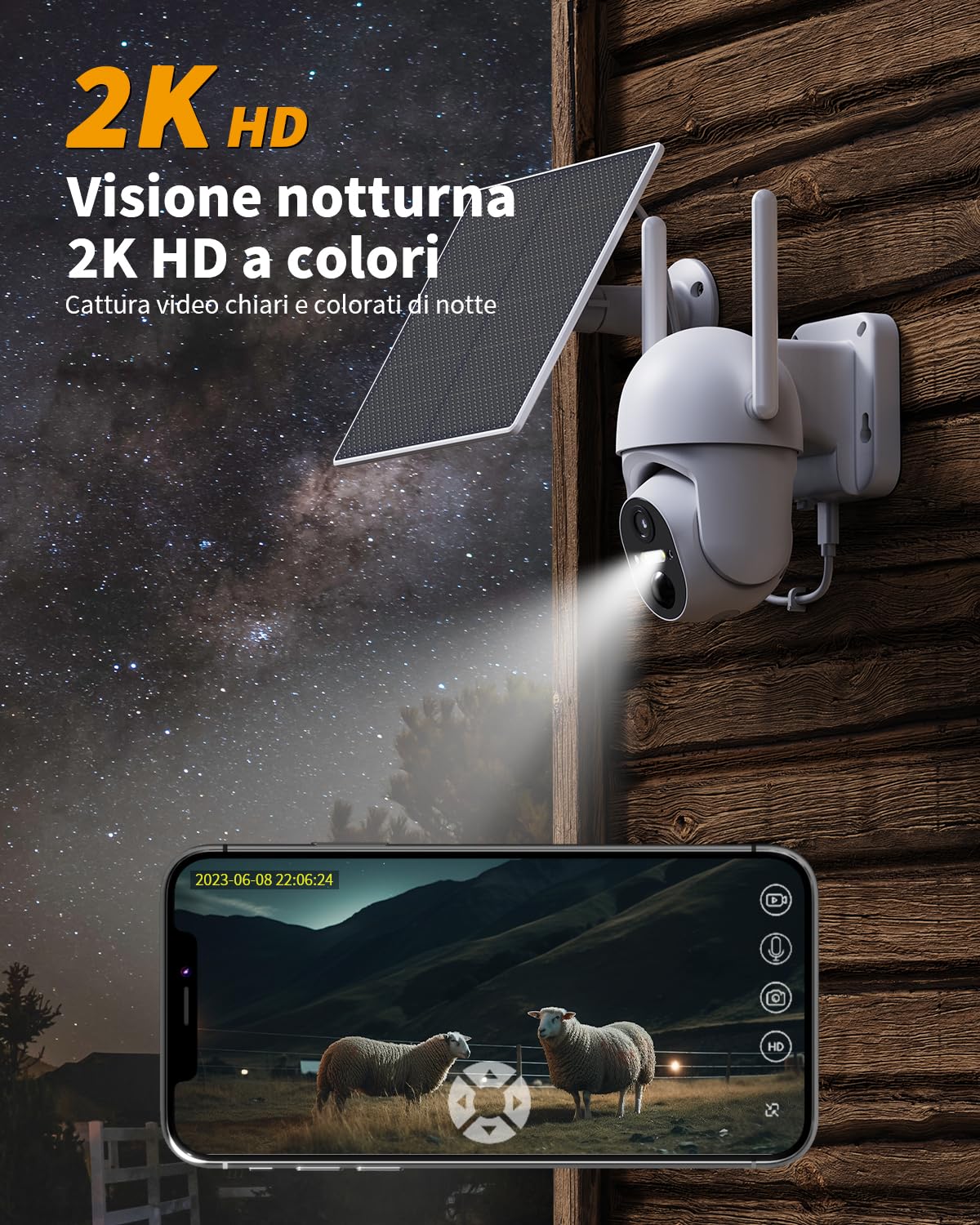 4G LTE Telecamera con SIM Scheda, 2K 360° PTZ Telecamera Senza Fili Esterno con Pannello Solare, Visione Notturna a Colori, Audio Bidirezionale, PIR Rilevamento Videocamera, IP66 (Senza WiFi)