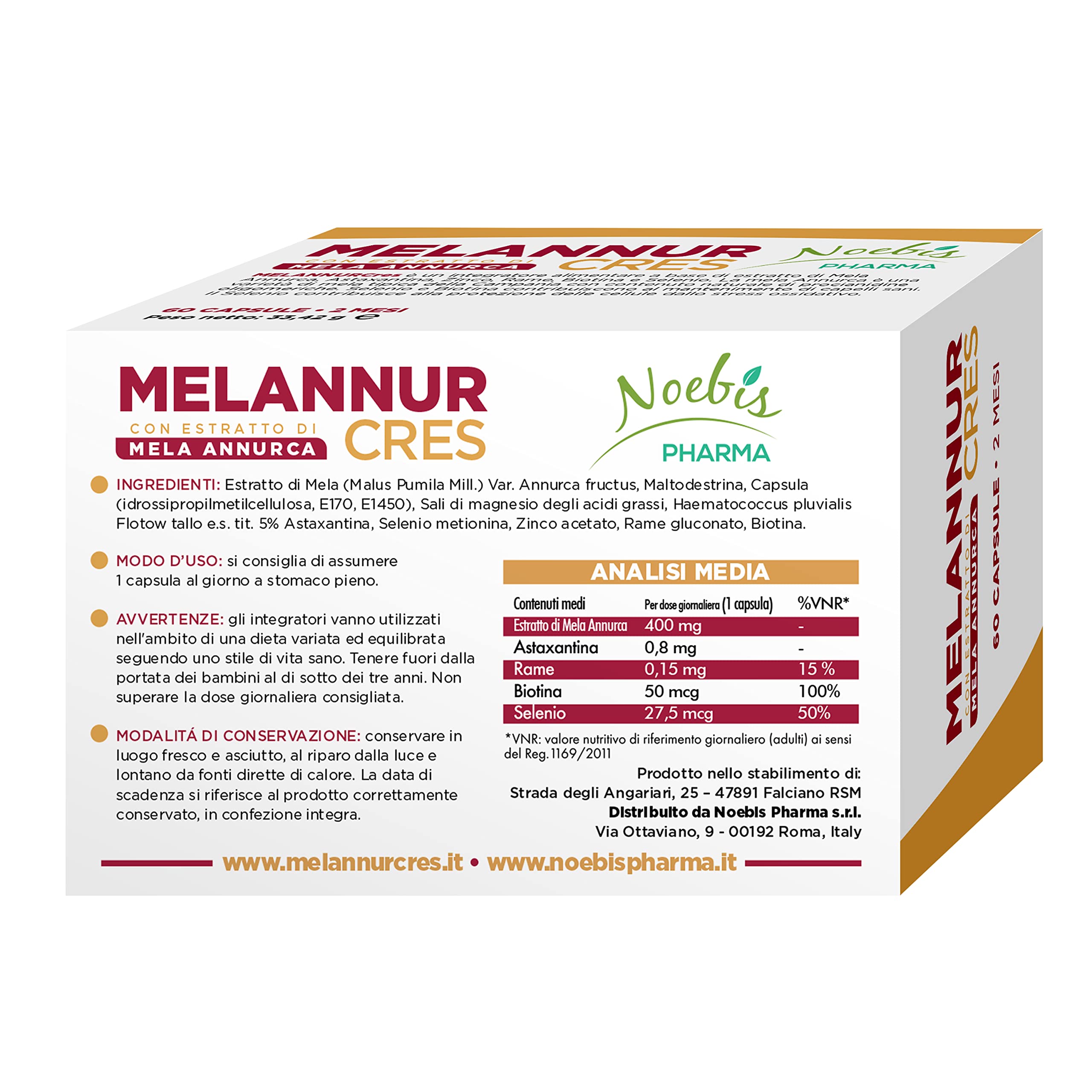 MelannurCres – Elisir per i Capelli – 60 Capsule – con Estratto di Mela Annurca Zinco Rame Selenio Biotina Astaxantina