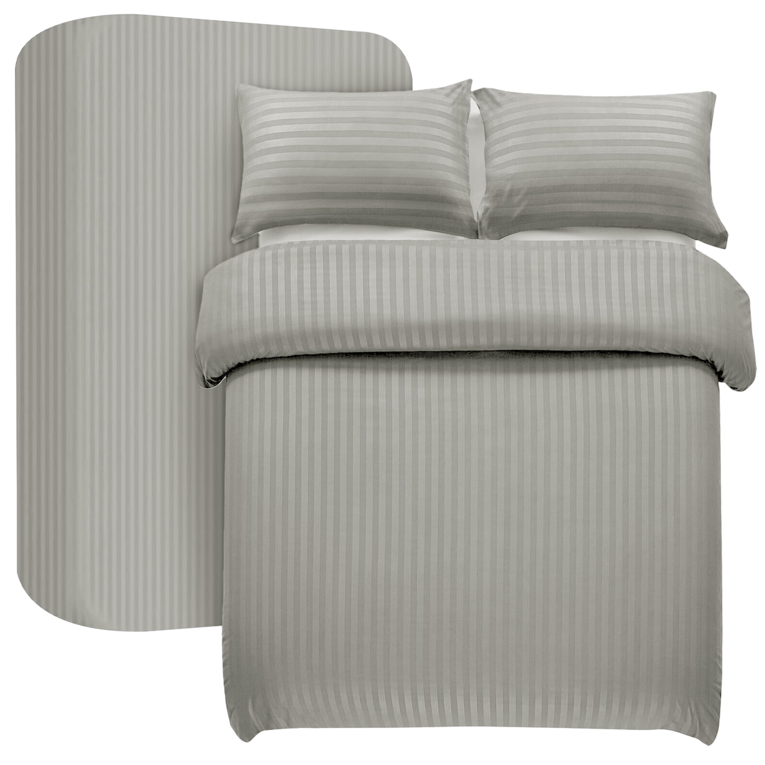 My home store Grey Double Duvet Cover Set 4 Pcs Satin Stripe Duvet Covers Soft Brushed Microfiber Bedding Set including Fitted Sheet 30 CM Deep & 2 Pillowcases