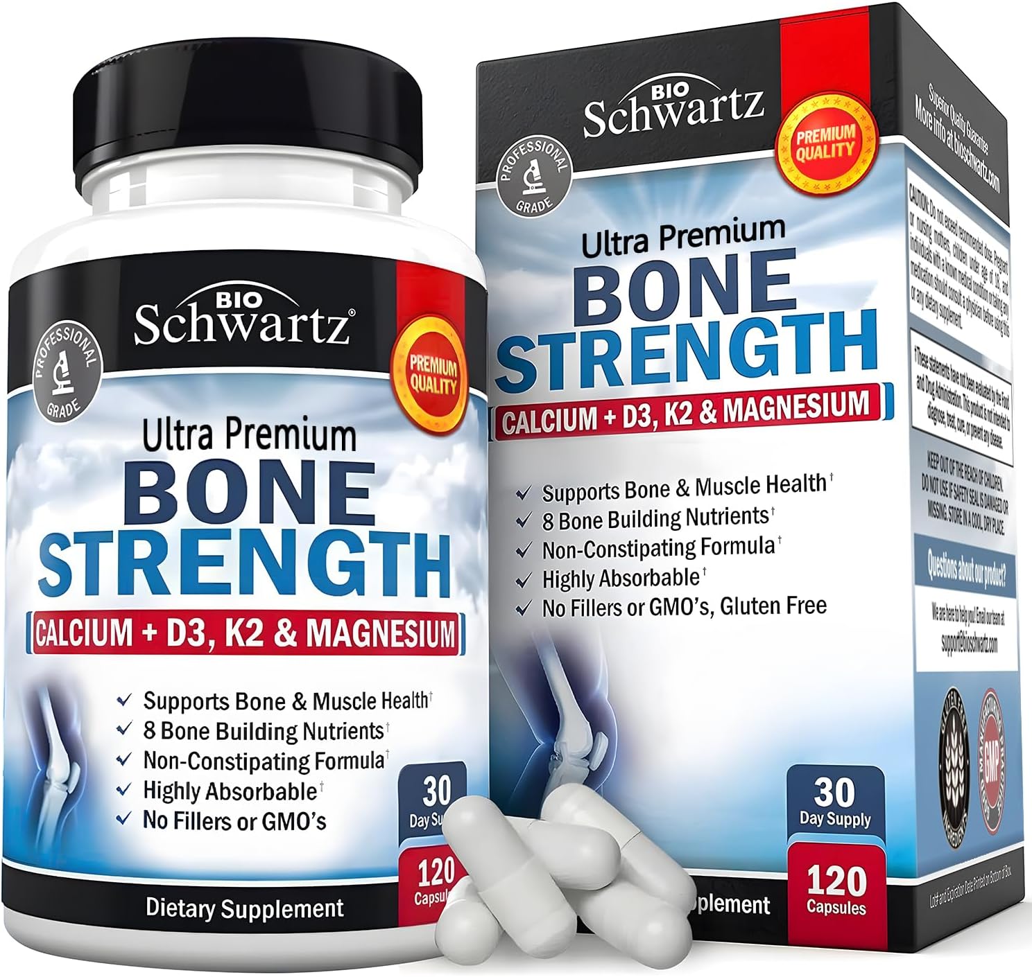 Bioschwartz Bone Strength Calcium Supplement W/Vitamin D3, K2, C, Magnesium, Zinc - 8 Bone-Building Nutrients, High Absorption, Non-Constipating Formula 120 Veggie Capsules For Optimal Health