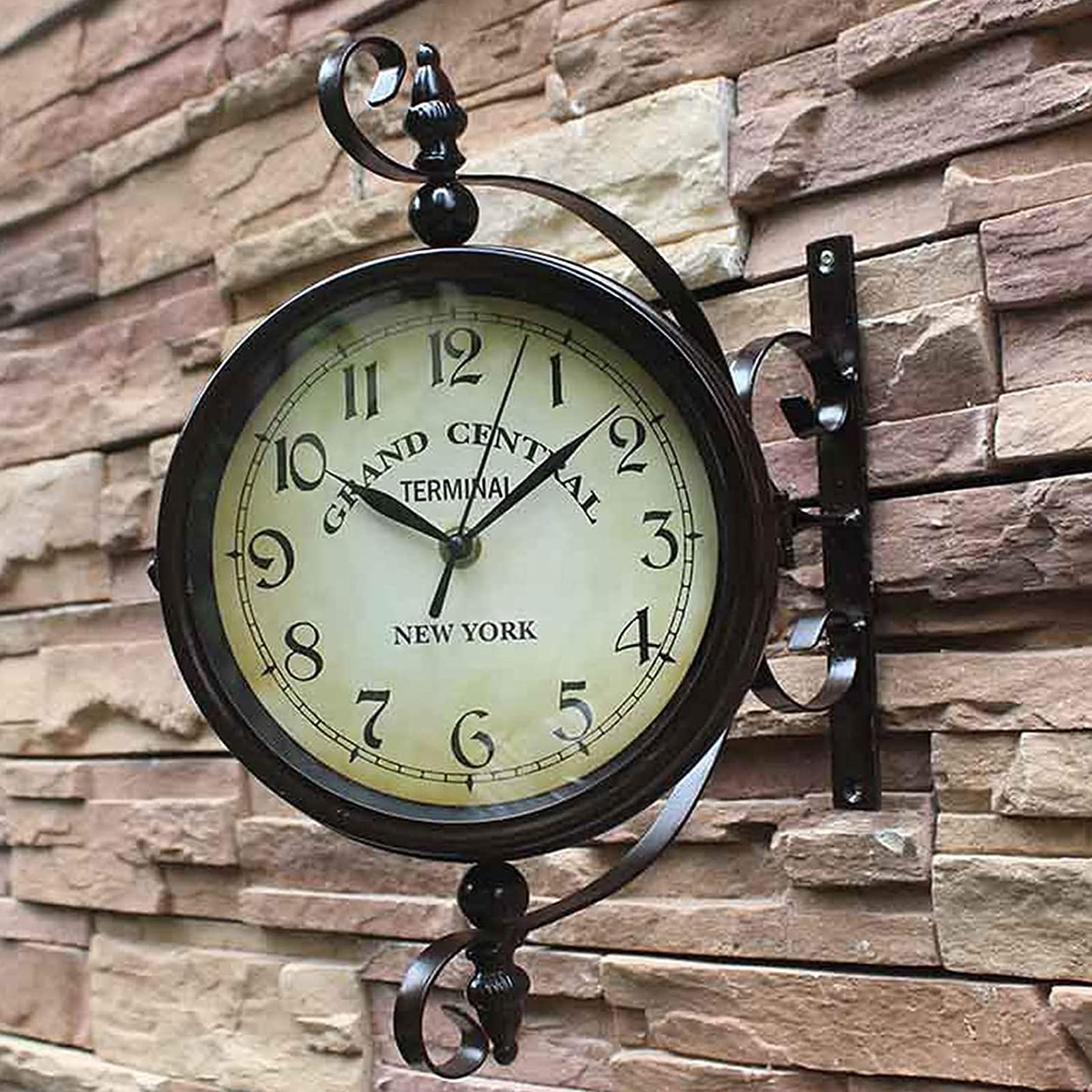 MYUYEE Vintage Outdoor Hanging Clock, Double Sided Metal Iron Frame Glass Wall Clock, Station Mute on Time Hanging Clocks Decor, for Home Living,A (A)