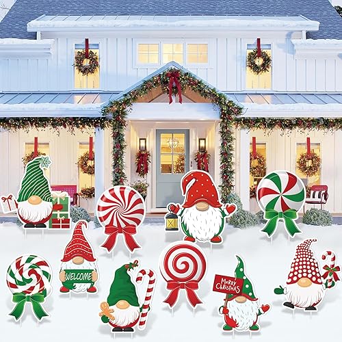 Letrero de Navidad para patio, gnomos, bastón de caramelo, Navidad, césped, patio, con estacas, 10 piezas para suministros de fiesta de Navidad,