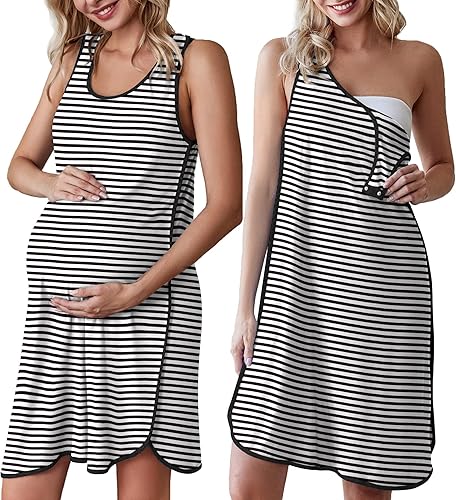 Ekouaer Vestido de parto y parto para hospital 3 en 1 vestido de enfermería sin mangas maternidad botón a presión camisón de lactancia