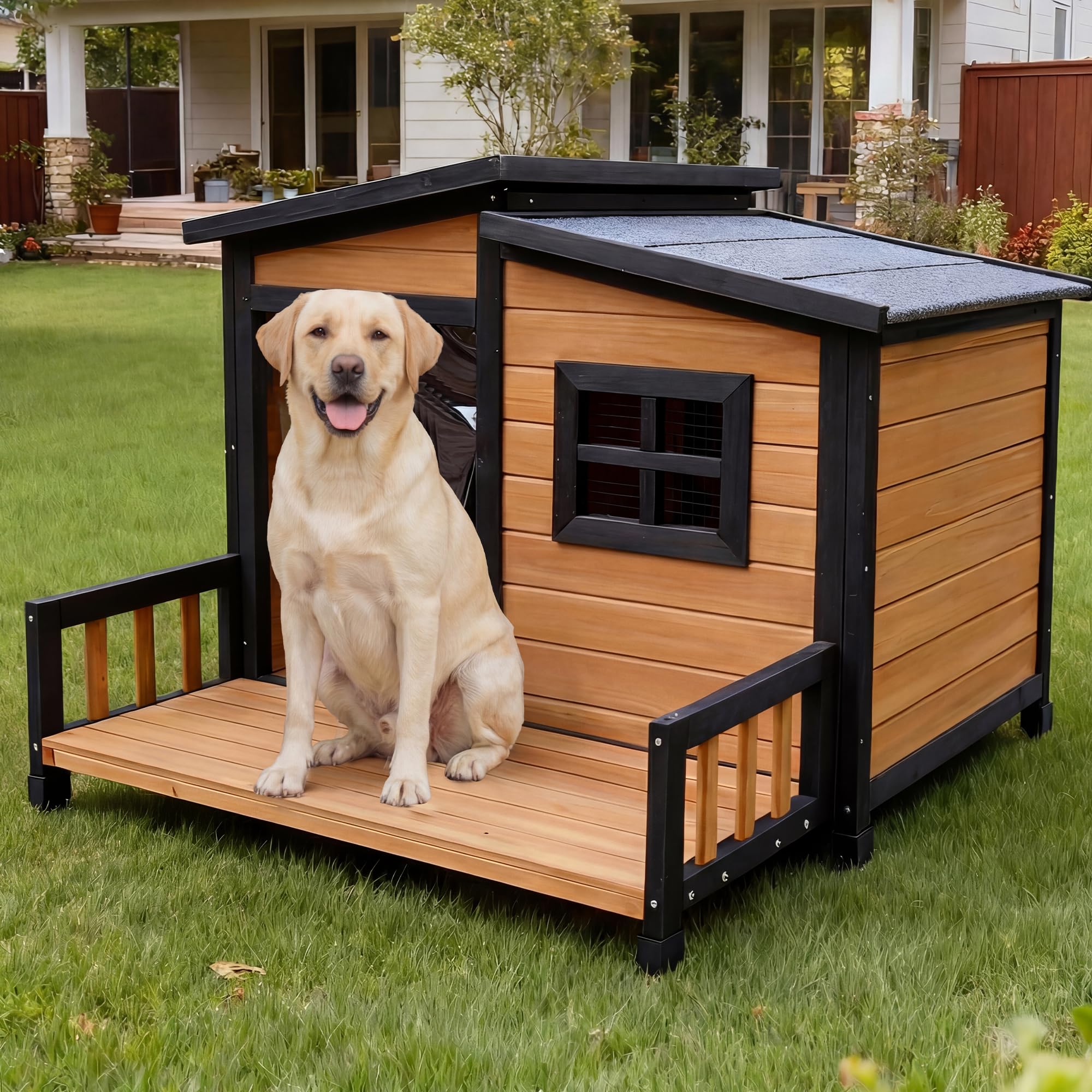 RUNSHED Large Indoor Outdoor Dog House,Wood Insulated Dog House,Weatherproof Outside Shelter with Elevated Floor,Easy to Assemble(39.3" L x 37.5" W x 30" H)