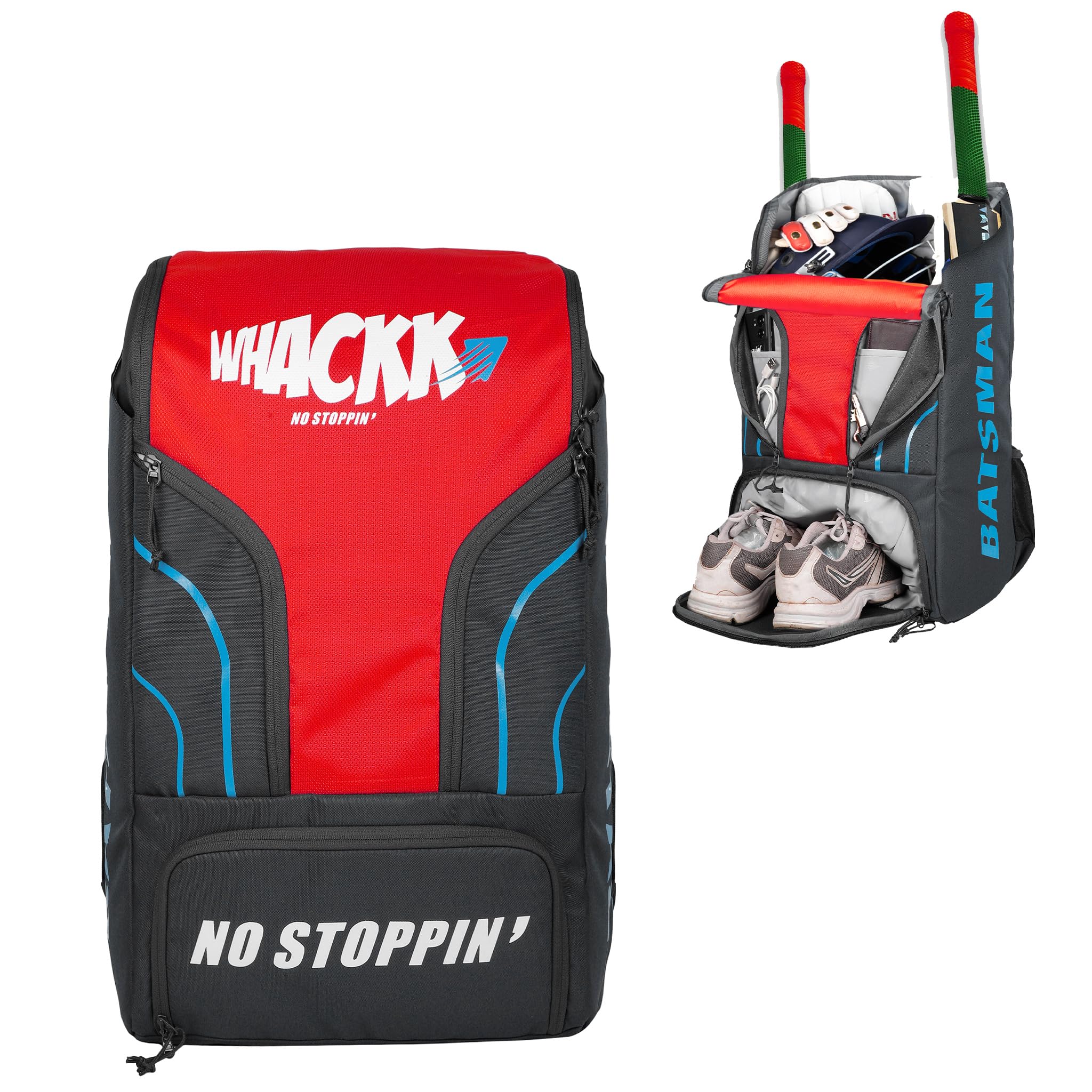 WHACKK Batsman|Cricket|Cricket Kit Bag Backpack |Juniour & Youth Kitbag |Player Edition 2 Bat Pockets Shoe Pocket |Big Main Comp. Fits 15.5 inch Leg Pad|2 Bottle Holders (Grey Red)