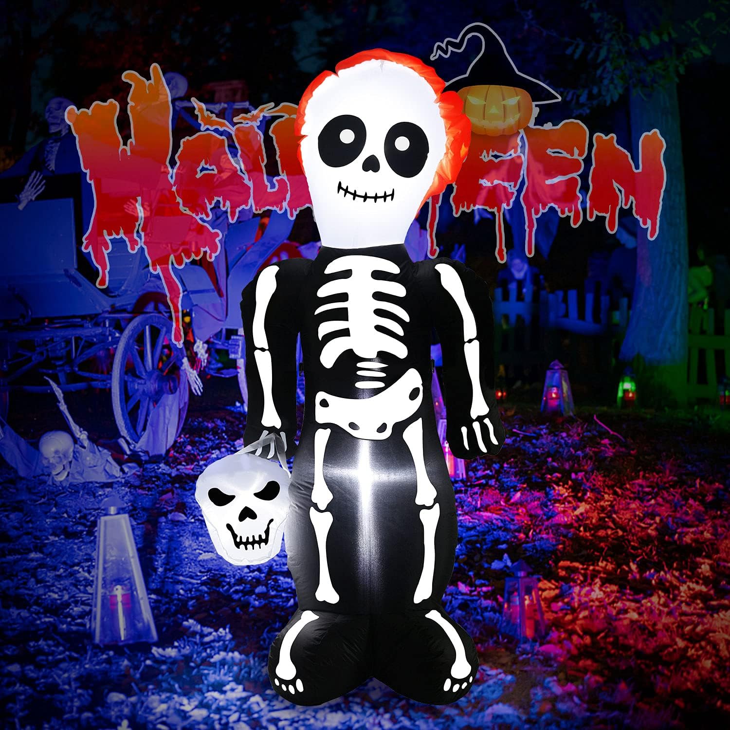 5Ft Halloween Inflatables Tall Skeleton Ghost with Skull, Build-in Static LED Lights, Halloween Lighted Blow up Yard Decorations Indoor Outdoor Party, Garden, Lawn
