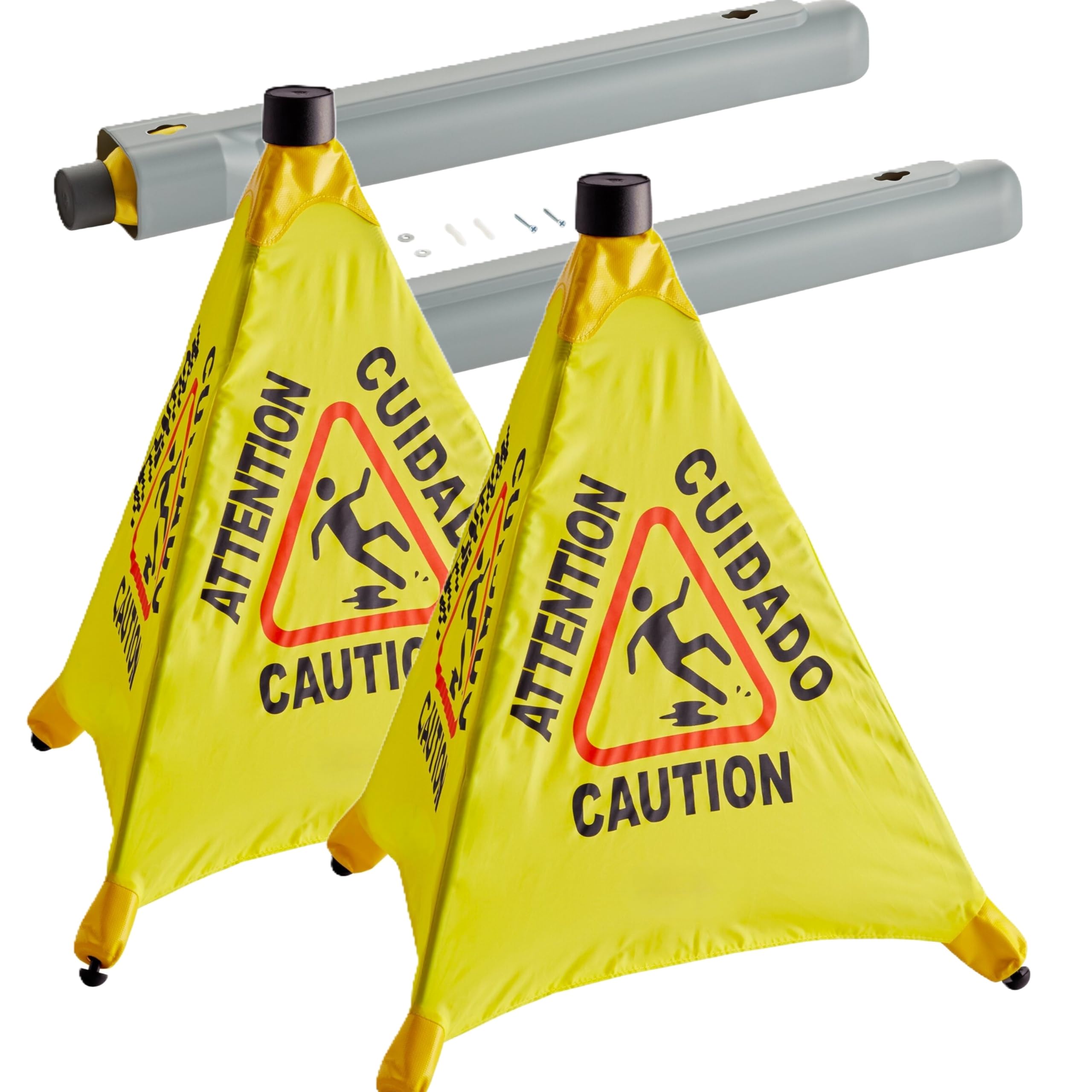 Letrero de precaución para suelo mojado, paquete de 2 – Cono desplegable resbaladizo cuando está mojado, montado en la pared, plegable, multilingüe, advertencia de seguridad amarilla para tiendas de