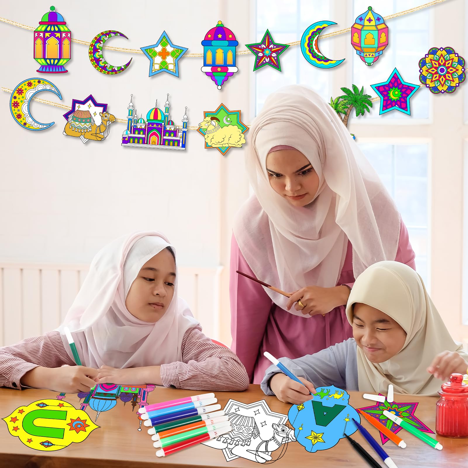 HOWAF 5 PACK Colour Your Own Ramadan Mubarak Banner Colouring Eid Mubarak Banner for Crafts Ramadan Decorations Eid Mubarak Decorations - Image 4