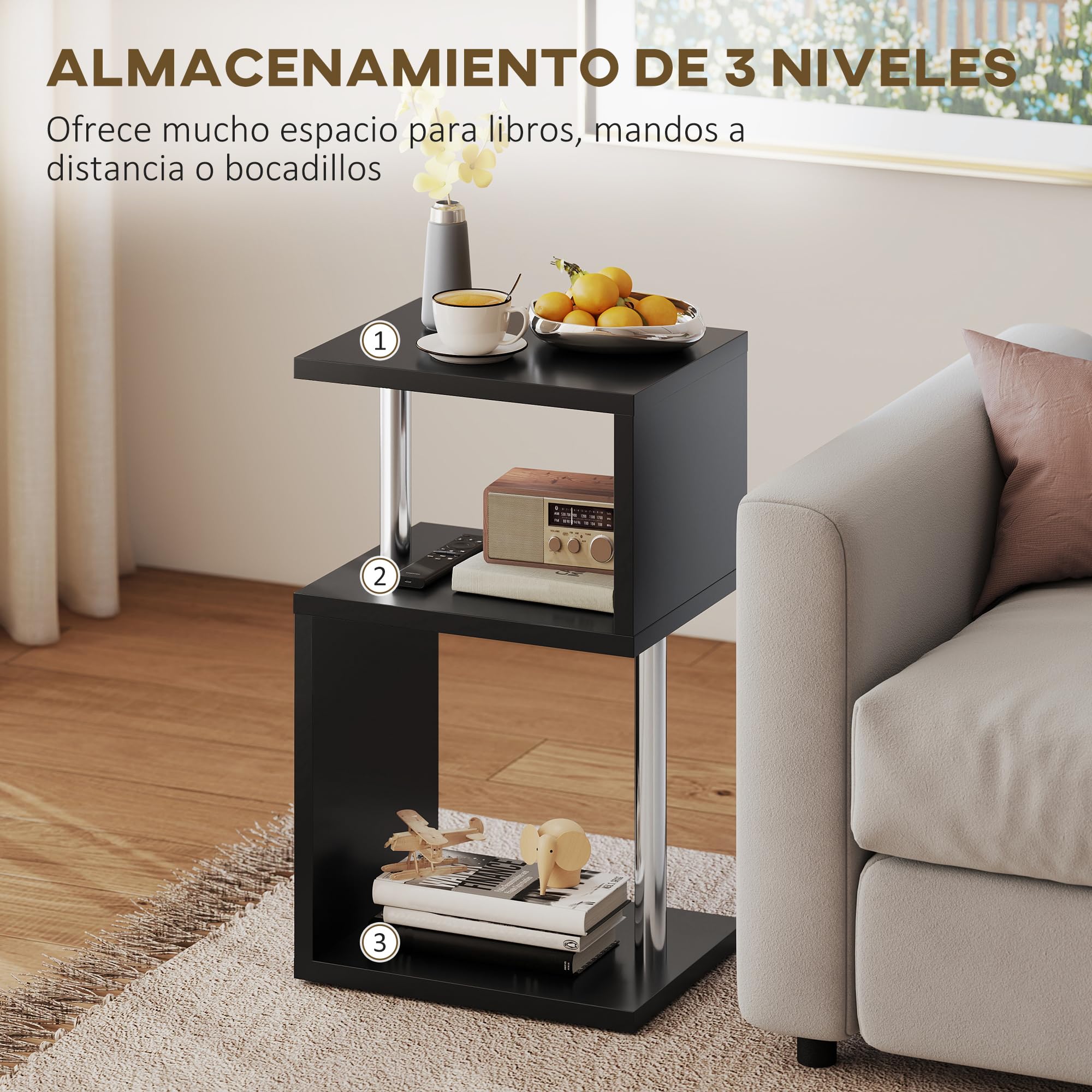 HOMCOM Mesa Auxiliar Luz LED de 3 Niveles 44x38x75 cm Negro Brillo