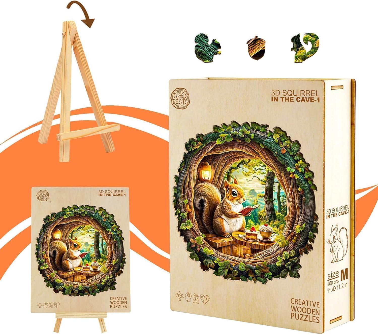 Wooden Puzzles for Adults - Squirrel in the Cave, Flat Jigsaw Puzzle with 3D Visual Effect, Unique Shape Wood Puzzles Adult, Good Gift Idea for Friend and Family (M-11.4 * 11.2in -200 Pieces)