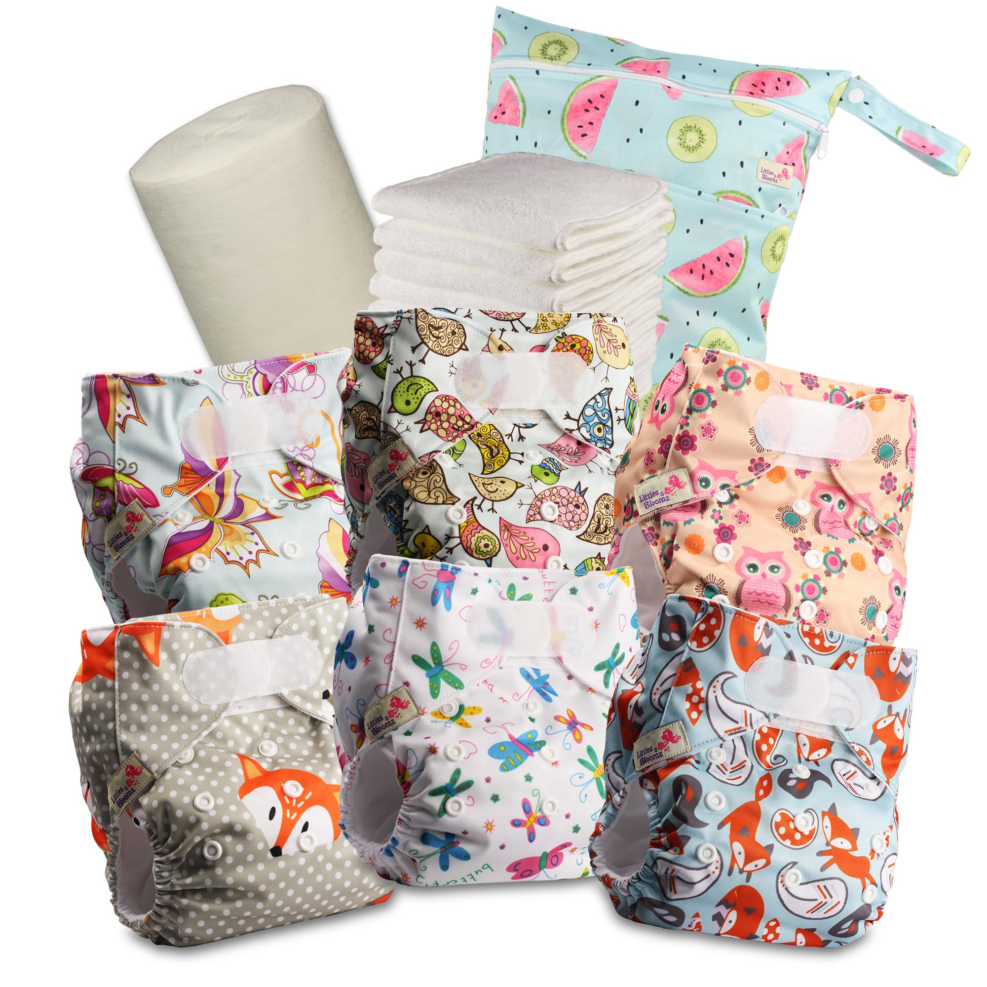Littles & Bloomz Pannolini Lavabili Set 6 con 6 Inserti Microfibra e Veli Bambù Borsa Impermeabile