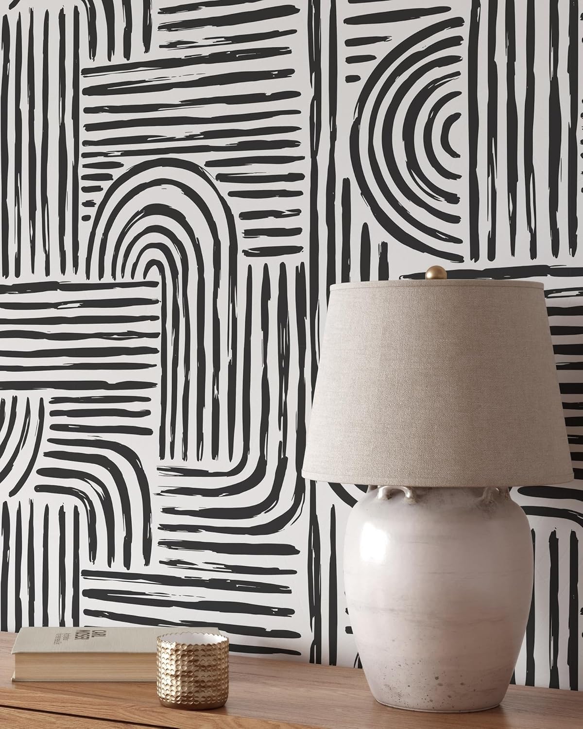Aesthetic Modern Peel and Stick Wallpaper | Removable Self Adhesive Geometric Black and White Wallpaper | Mid Century Boho Lines Wallpaper (1 roll 24" W x 96" H)