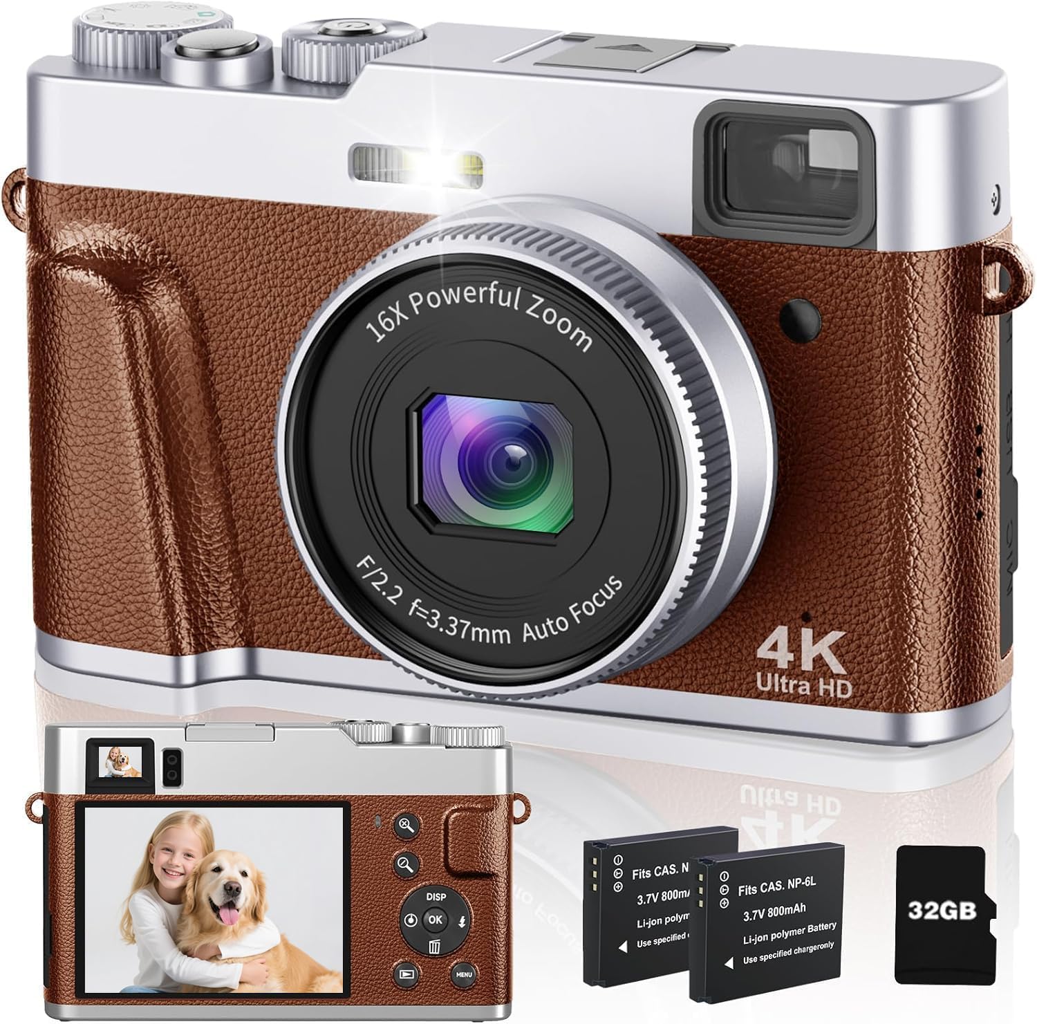 4K Digitalkamera mit optischem Sucher, 48MP Autofokus, 16X Digitalzoom, Bildstabilisierung, integriertem Blitz, 32GB Karte & 2 Akkus