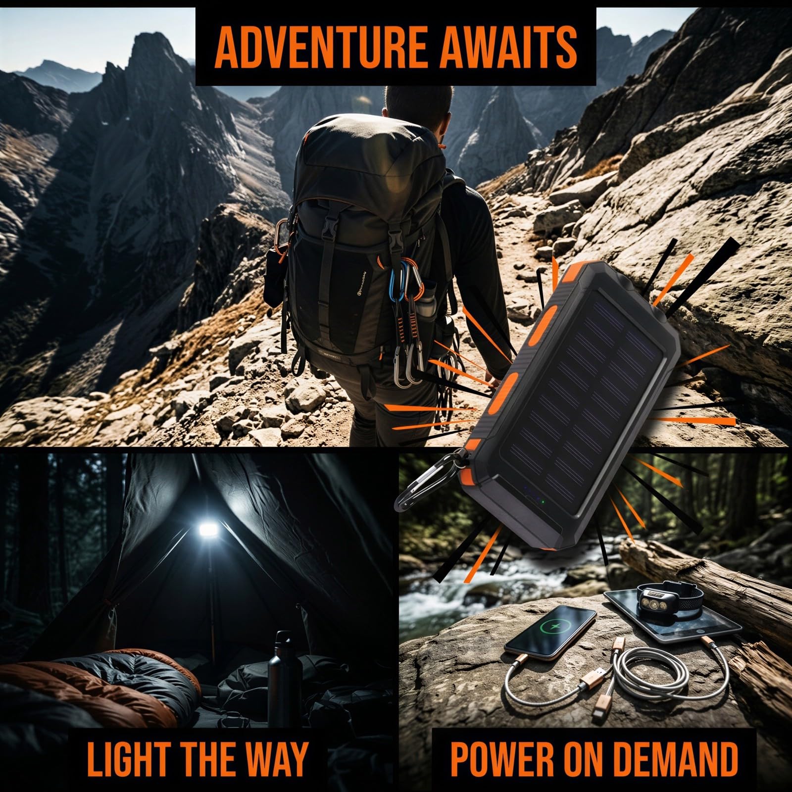 Cargador de energía solar de 20000 mAh con carga inalámbrica, múltiples salidas USB, luz LED de camping, carcasa impermeable, funda resistente para aventuras al aire libre y uso de emergencia