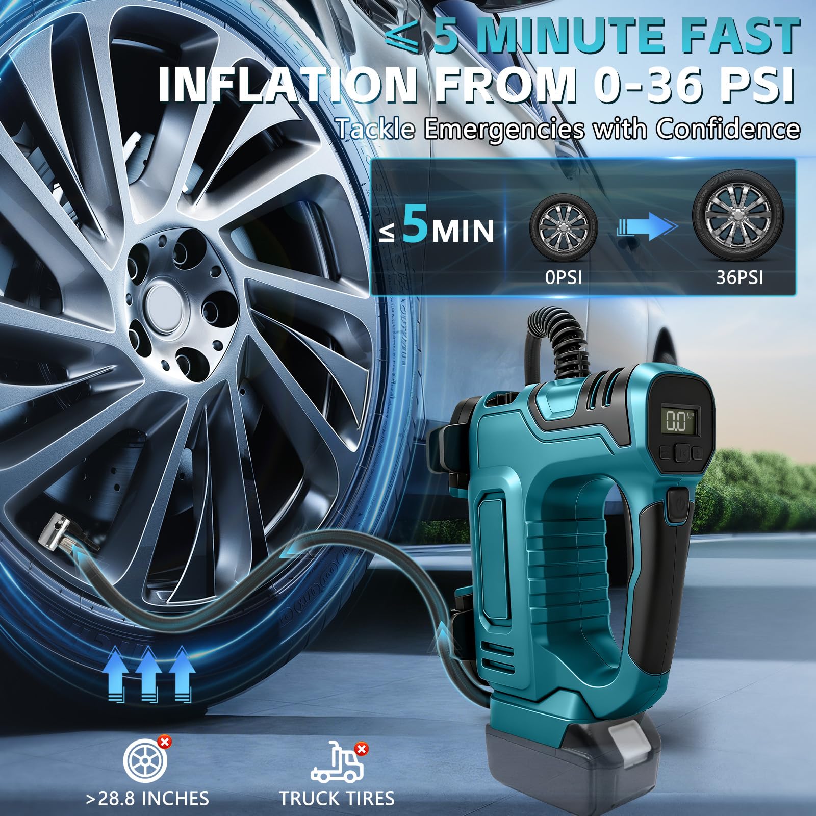Compresseur à Air Portatif Compatible avec Makita 18V Batterie, 120 PSI Gonfleur Pneus Voiture avec Arrêt Automatique & LED Puissante, pour Voitures,Vélos et Ballons (sans batterie) (MT Bleu)