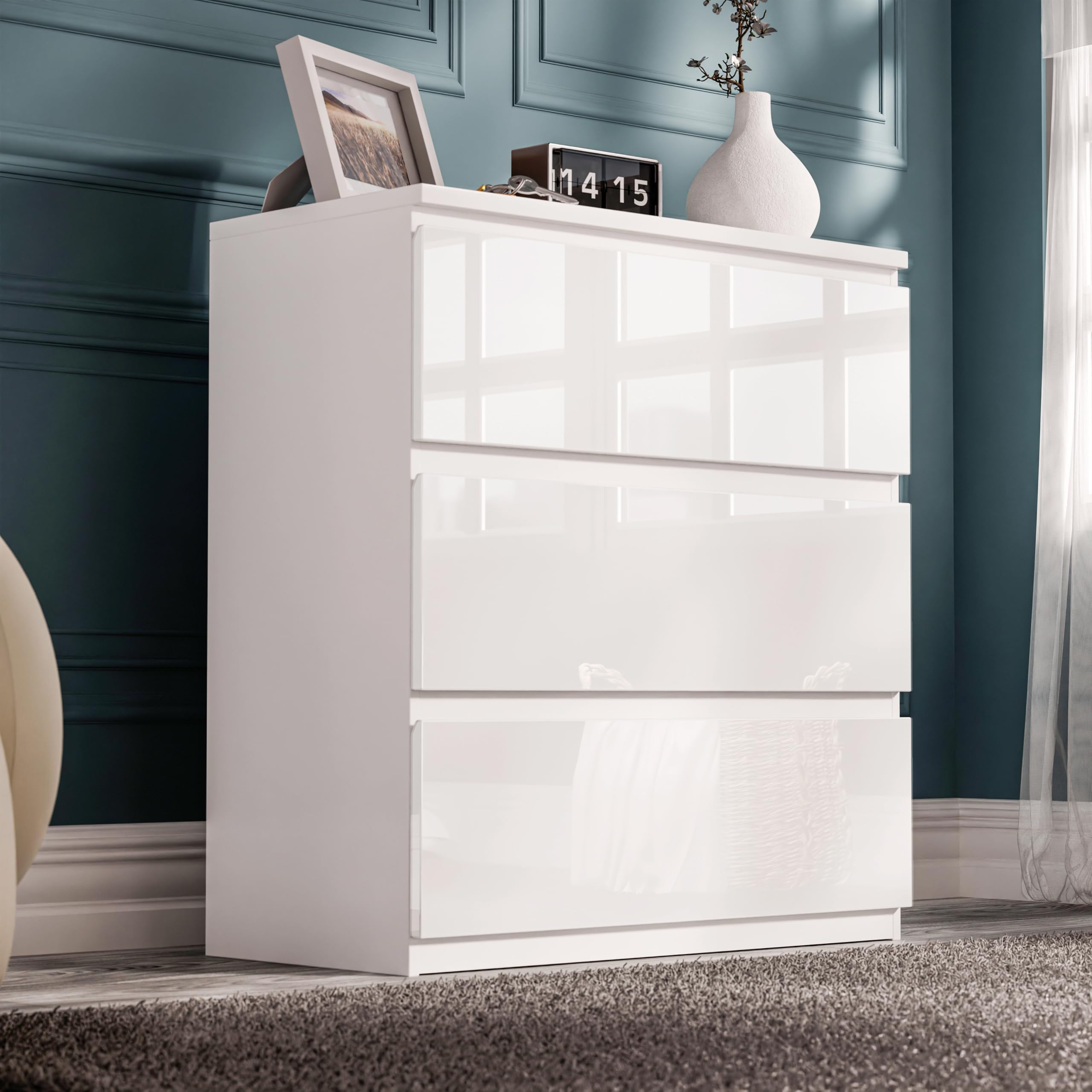 Blisswood High Gloss Chest of Drawers 3 Drawer Bedroom Storage Cabinet with Metal Runners, White Gloss Furniture for Bedroom Storage, Living Room, Nursery or Office Furniture 40D x 70W x 77H CM White
