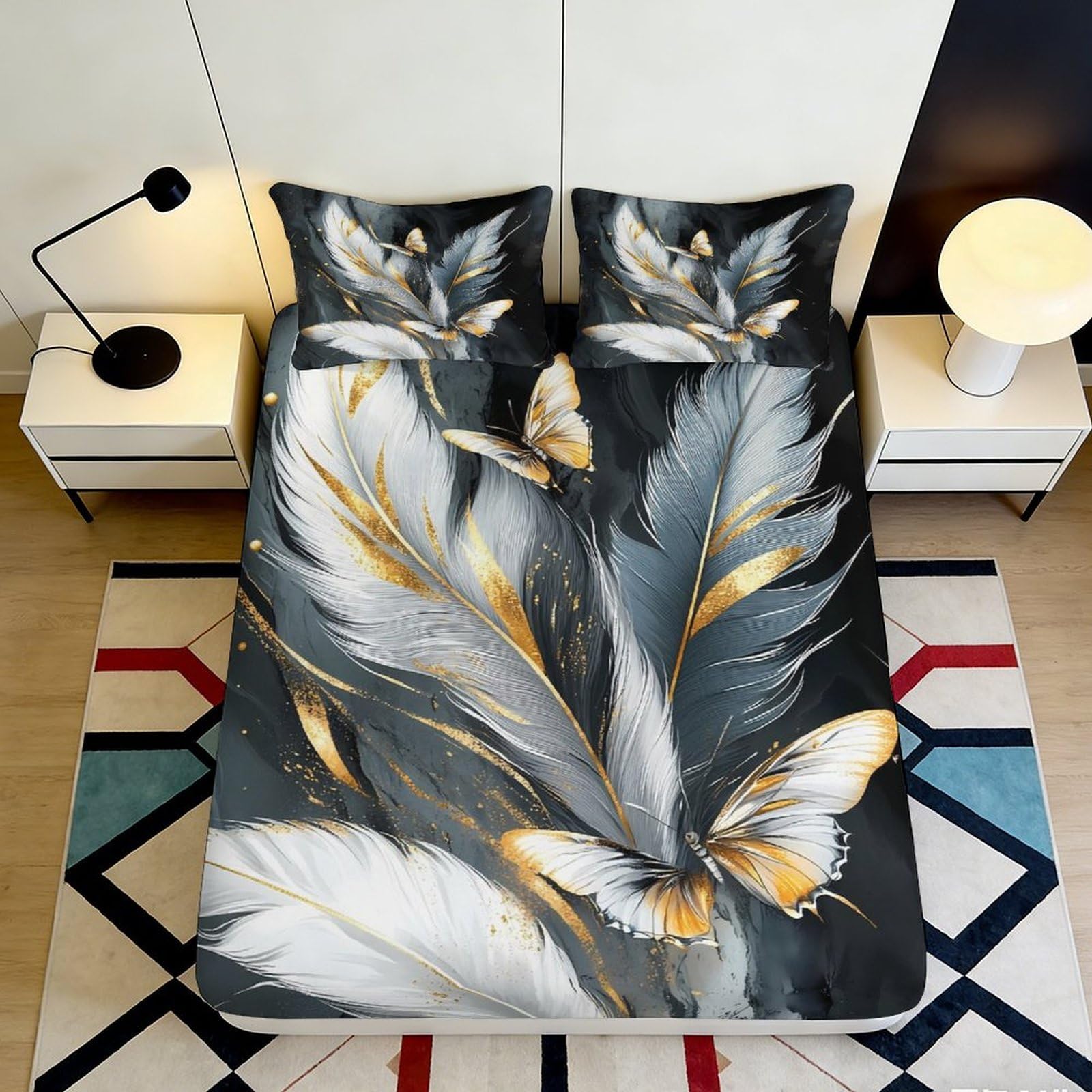 Tjiqhvmrn Style-7 3D Printed Feather Butterfly Fitted Sheet Microfiber Non-Slip Deep Pocket Feather Butterfly Mattress Fitted Cover For Bedroom Adult Youth Washable 90X200x25cm