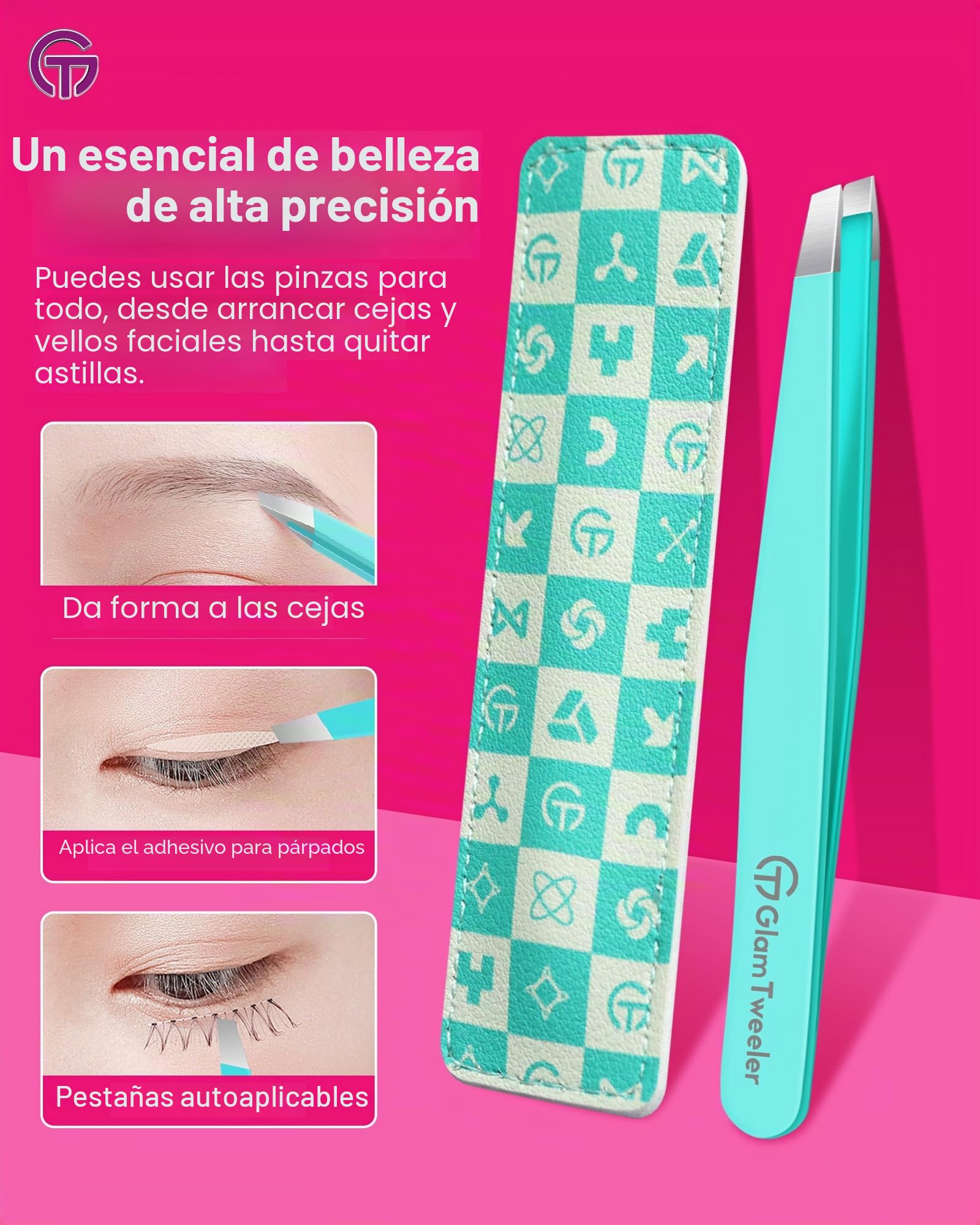 GlamTweeler Expert - Pinzas de depilación de cejas con funda de cuero, punta inclinada de alta precisión, pinzas de acero inoxidable para hombres y mujeres (color azul huevo de Robin)