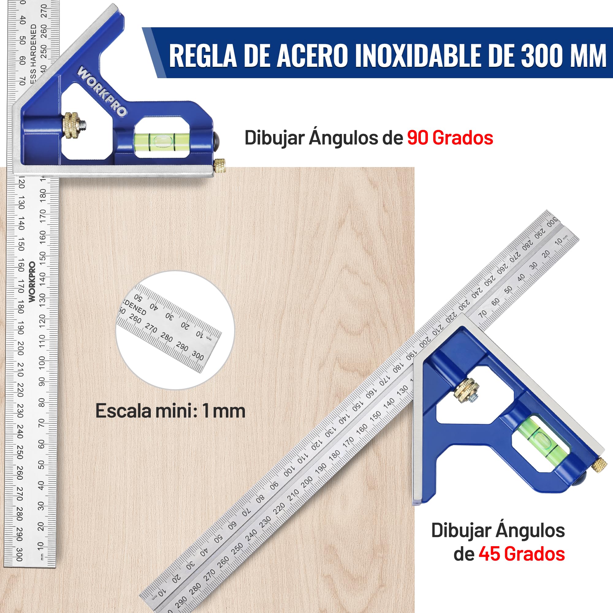WORKPRO Escuadra Combinada Ajustable 300mm y Regla de Triángulo 180mm, 2 Piezas Escuadra de Carpintería en Métrica, Cuadrado de Combinación, Juego de Herramienta de Medición para Carpintería
