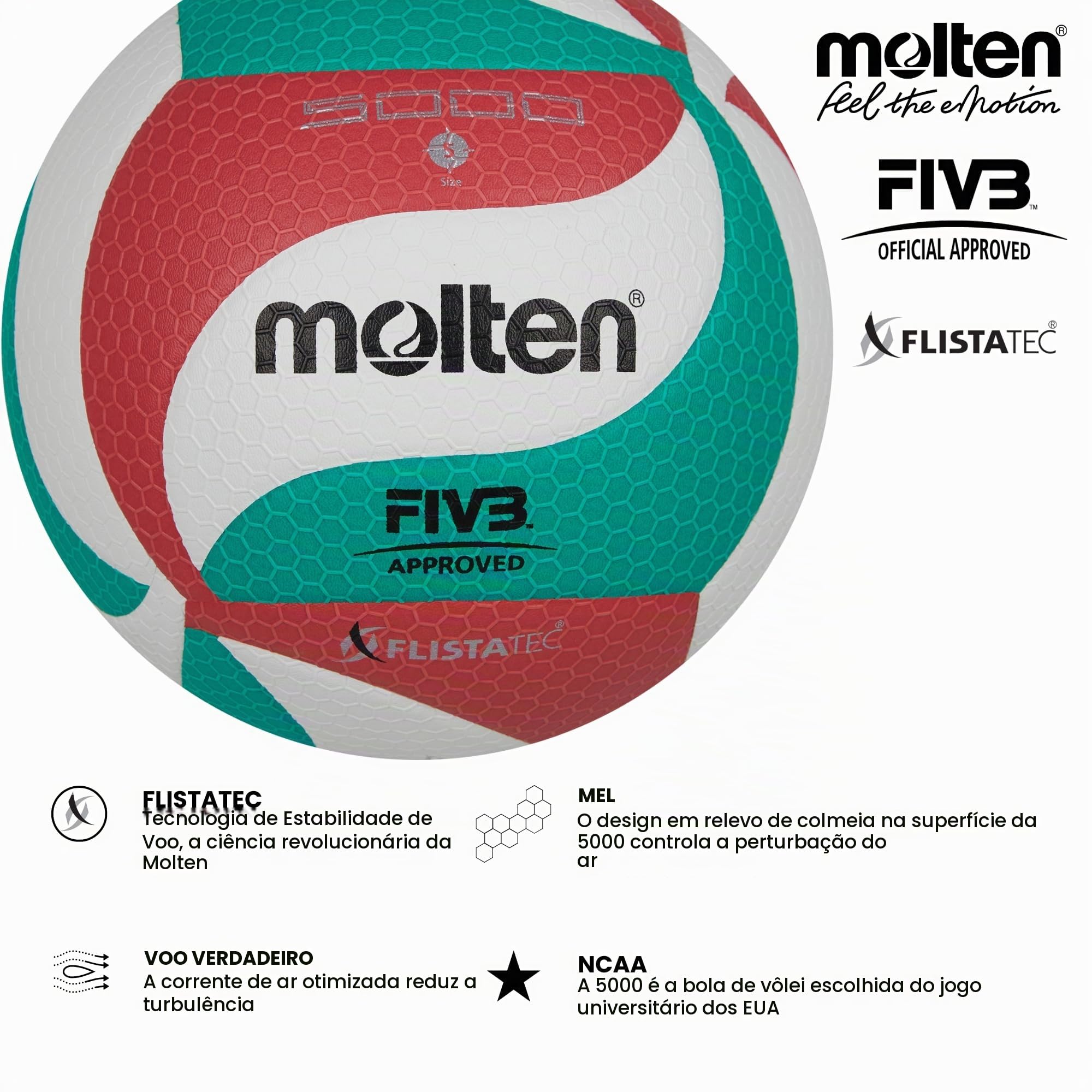 Molten V5M5000 NCAA Flistatech Voleibol, Vermelho/Verde/Branco, 1