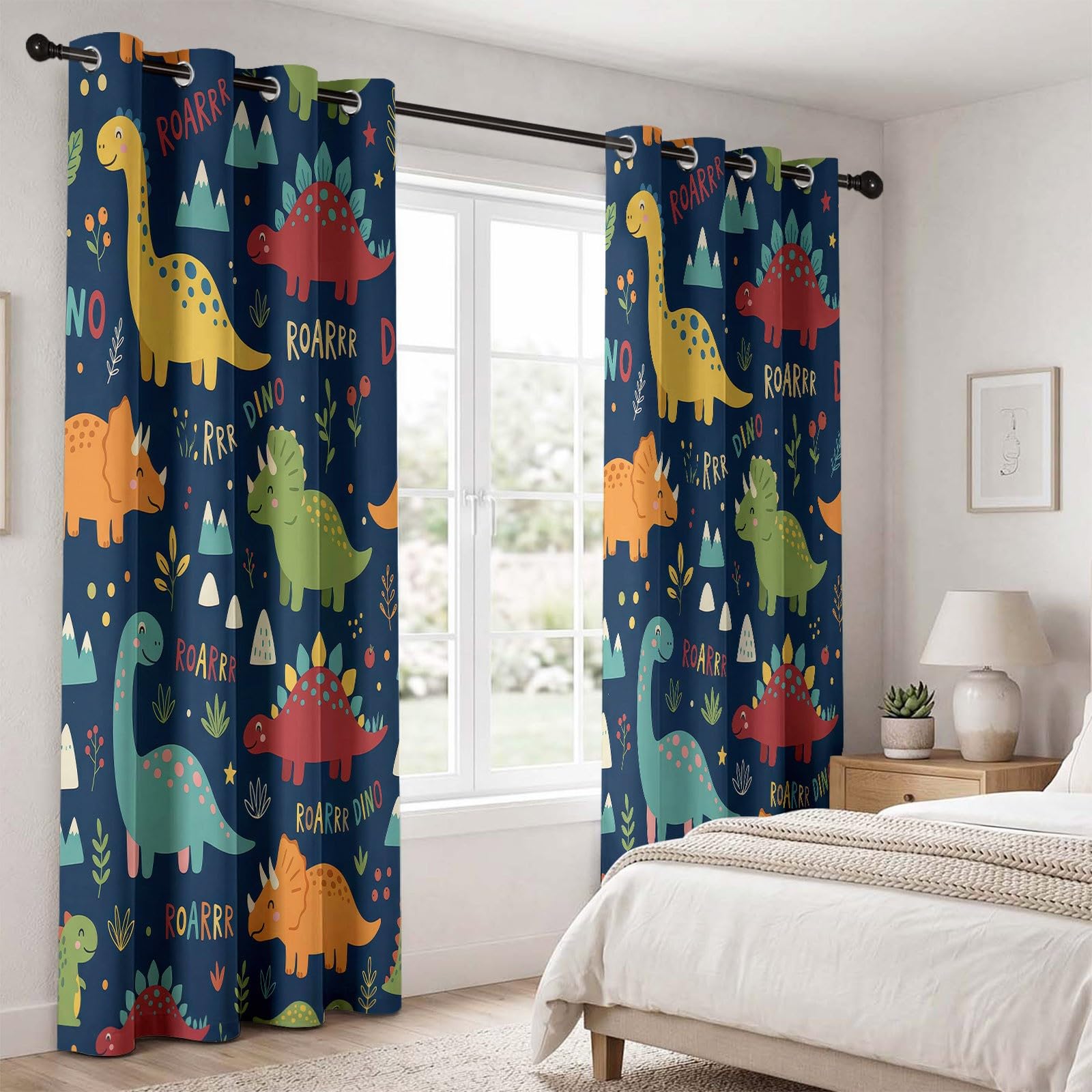 Rideaux pour Enfants 117L X 183H cm (2 Panneaux), Rideaux Isolant Thermique Motif Scandinave Dinosaure, Décoration de Animé Animal pour Chambre d'enfant Garçon Adolescent Salon Fenetre, Bleu Foncé