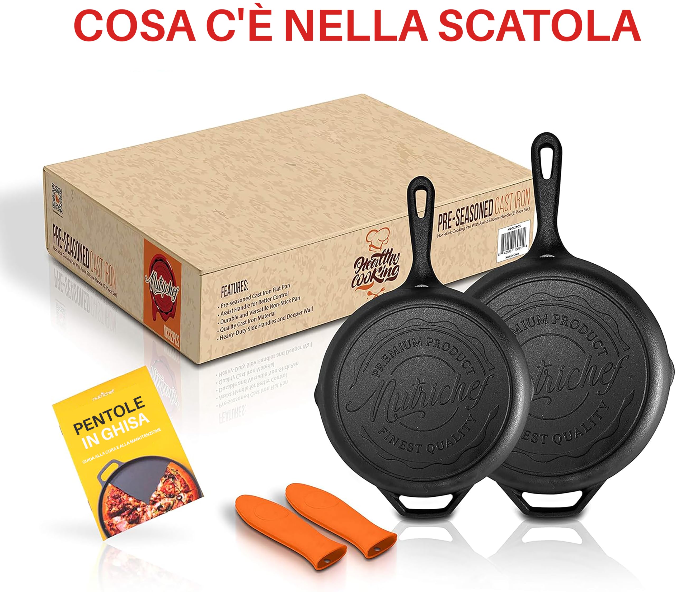 NutriChef Padelle in Ghisa Pre-Condite 25 e 30 Centimetri, Antiaderenti, Manico in Silicone Anti-Scottatura, per Forno, Griglia e Tutti i Piani Cottura
