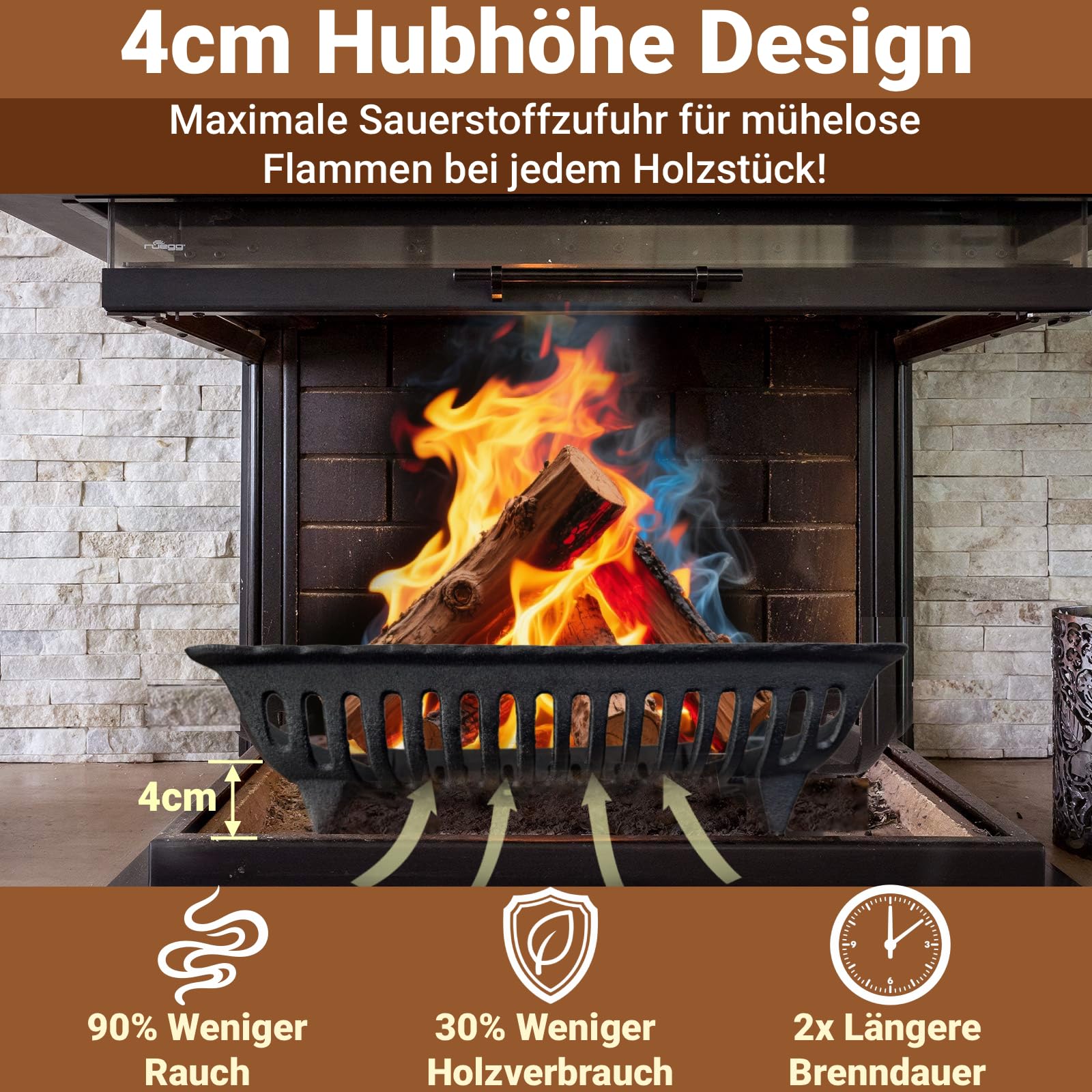 Amagabeli 61cm Kaminrost Schwarz - Robuster Kaminrost aus Stahl, Feuerbock für Kamin, Kaminholzständer, Brennholzhalter, Scheitholzregal mit Füßen für Innen & Außen, Feuergitter