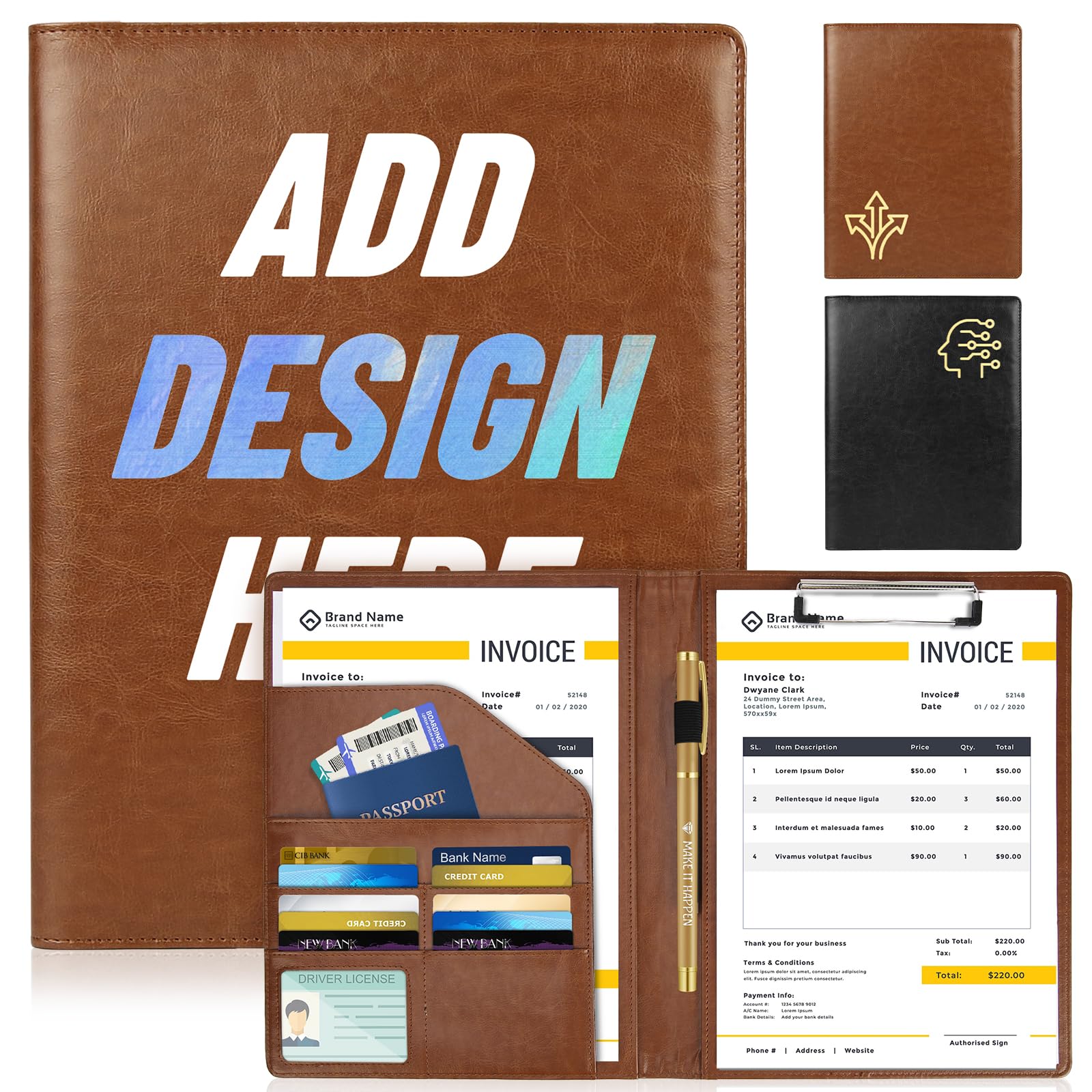 ENOMY Customized A4 Portfolio Folder PU Leather Personalised Certificate Folder with Name/Logo Executive Document Holder for Office Business Men Women Ideal Conference & Gift Brown