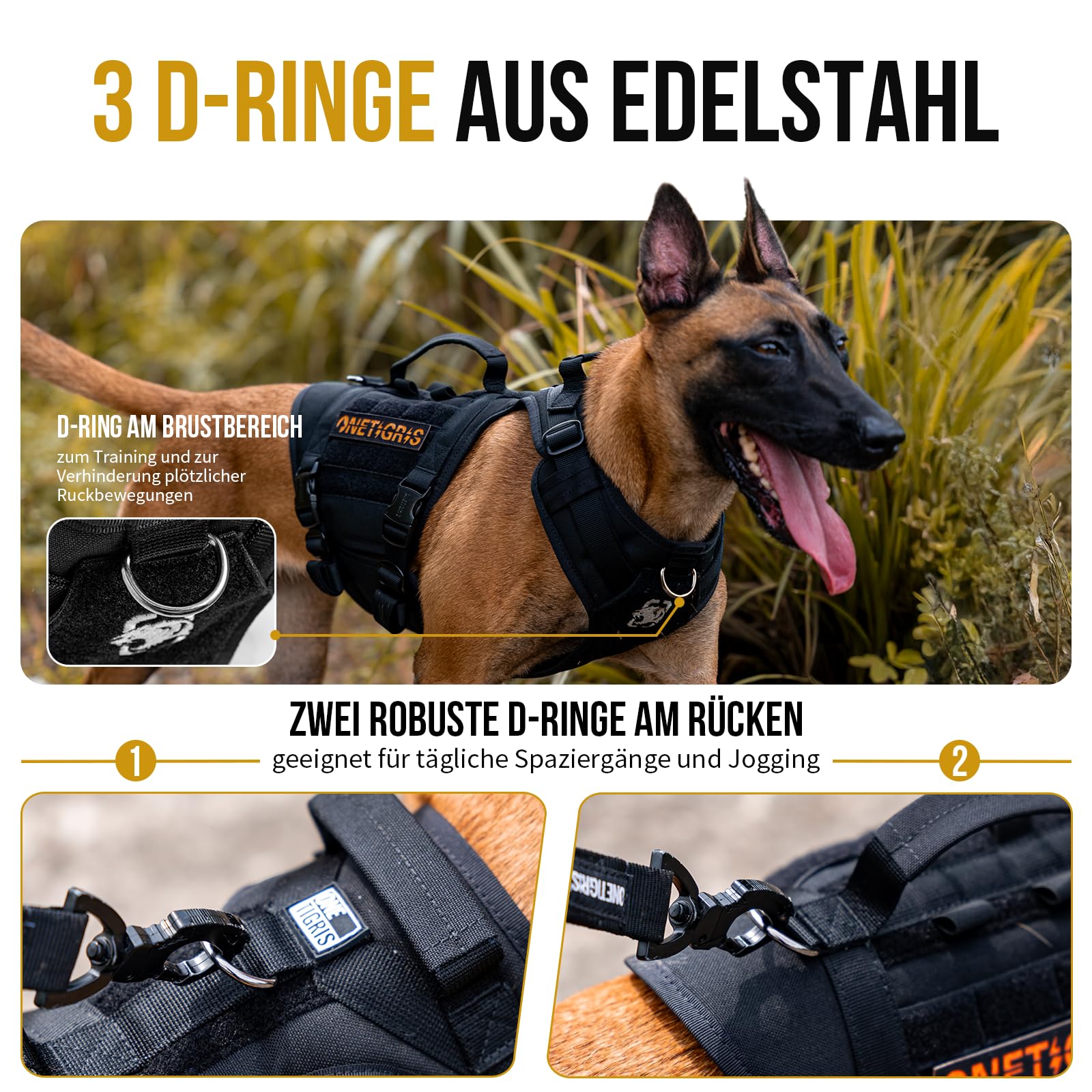 OneTigris Hundegeschirr, Titan-Flow Metallschnalle Geschirr, Schwarz L