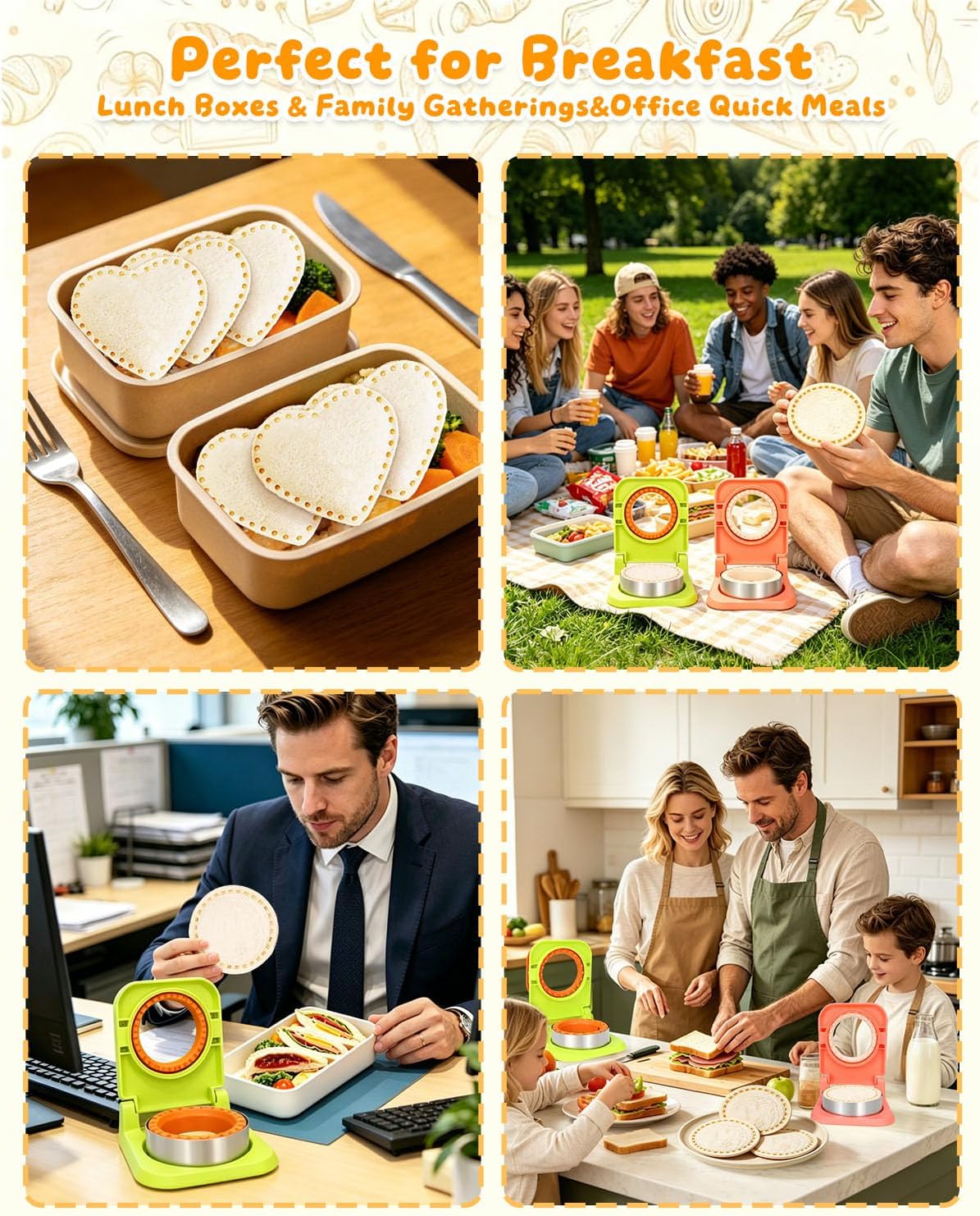 CHICHAUS Uncrustable Sandwich Maker,Sandwiches Pocket Circle Shape 3.7Inch Sandwich Cutter and Sealer,Sandwich Cutter for Kids Breakfast and lunchboxes (Green/Orange) image 3