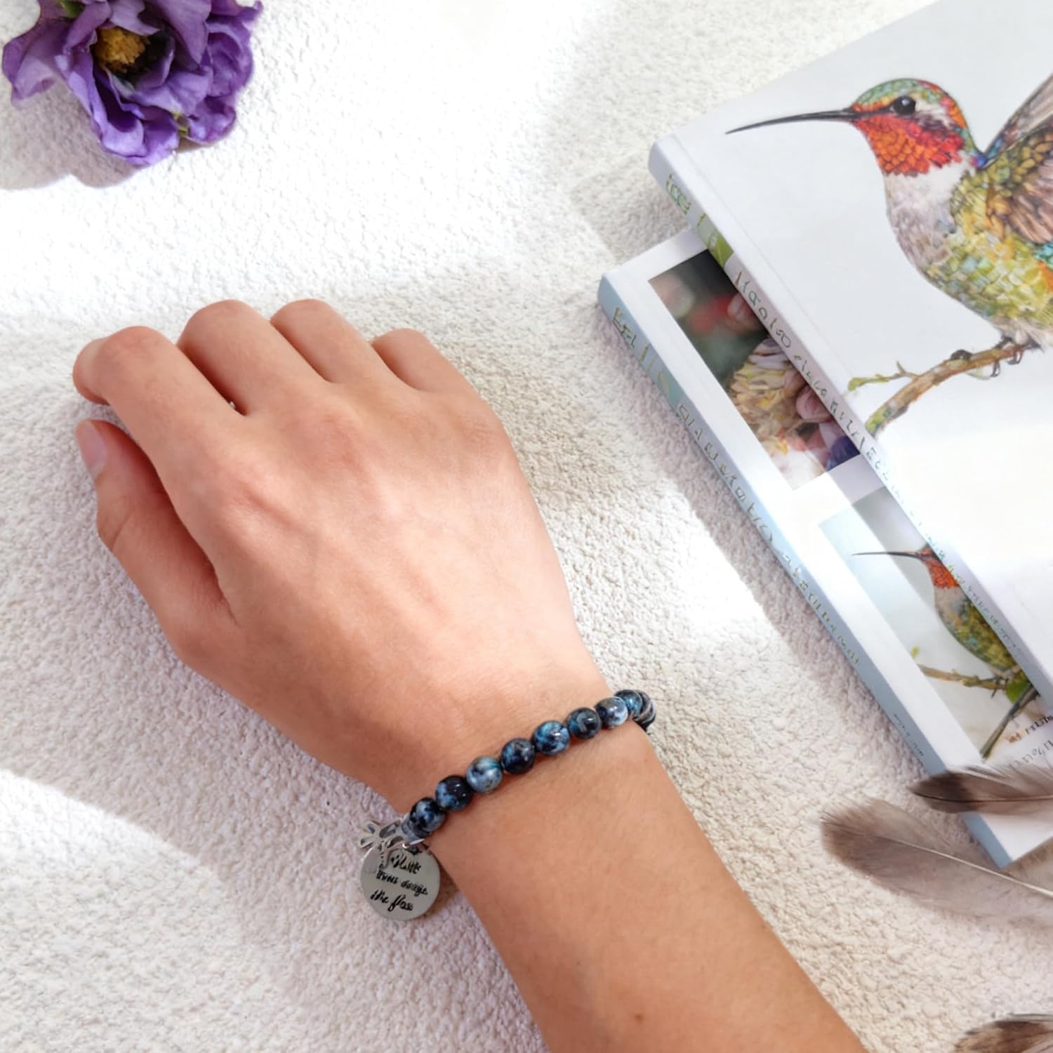 Hummingbird Bracelet Hummingbird Gift for Women Blue Black Natural Fire Agate Beaded Stainless Steel Hummingbird Charm With Brave Wings She Flies Inspirational Gift for women - Image 6