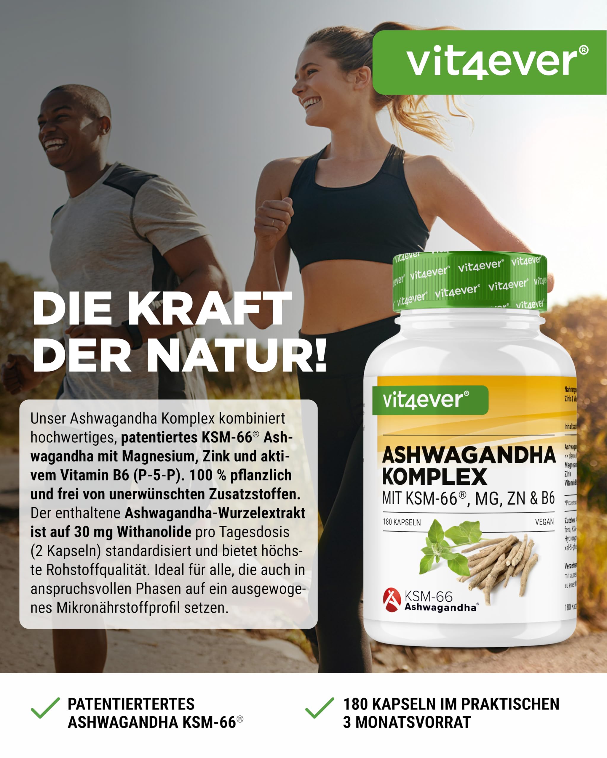 vit4ever Ashwagandha KSM-66® Komplex - 180 Kapseln - 600 mg | Mit Magnesium, Zink & Vitamin B6, ohne Zusätze, hochdosiert, vegan
