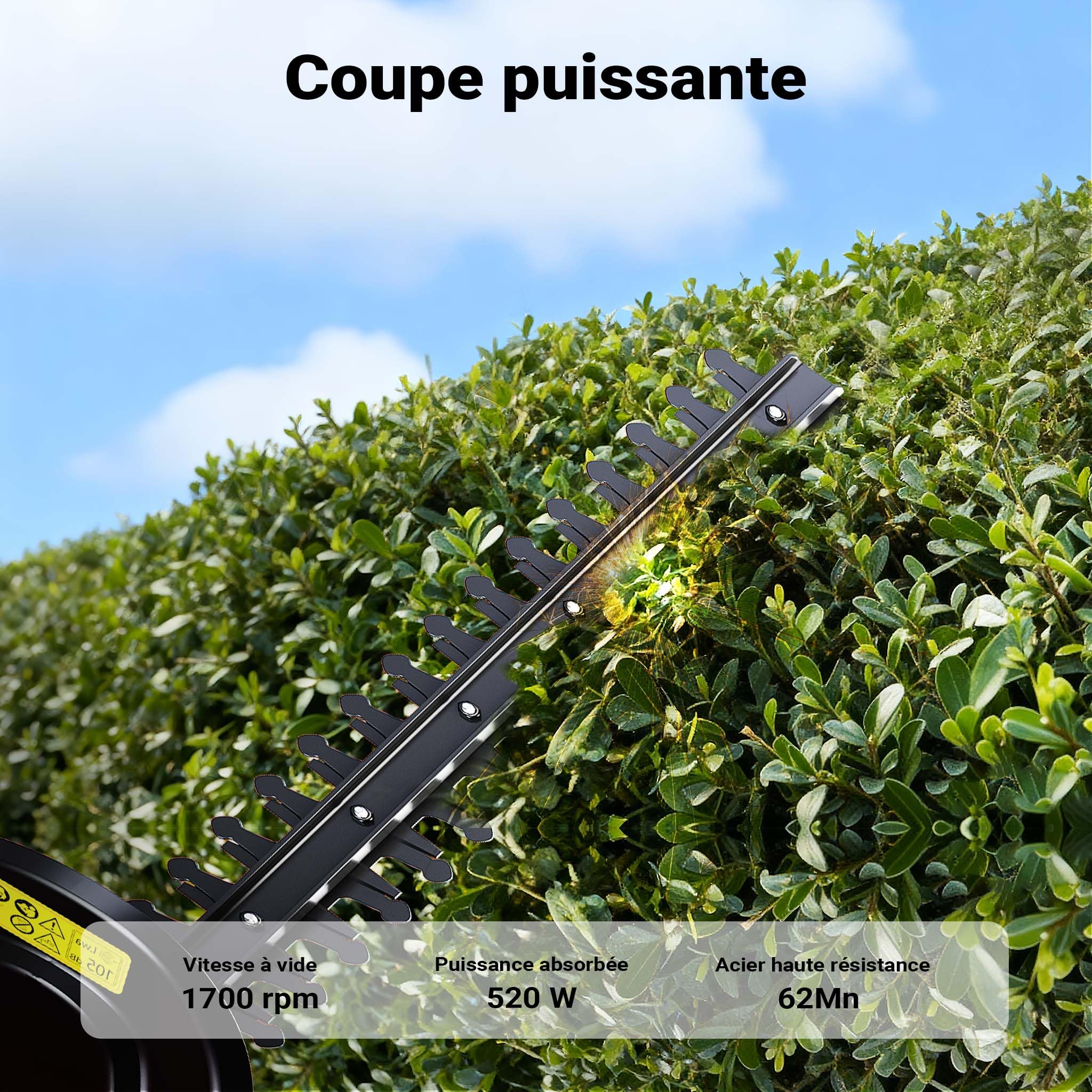 Wiltec Taille-haie électrique 520 W – 870 x 140 x 165 mm – Longueur de Coupe de 450 mm – Frein éclair et Protection des Mains– pour Taillage des Haies