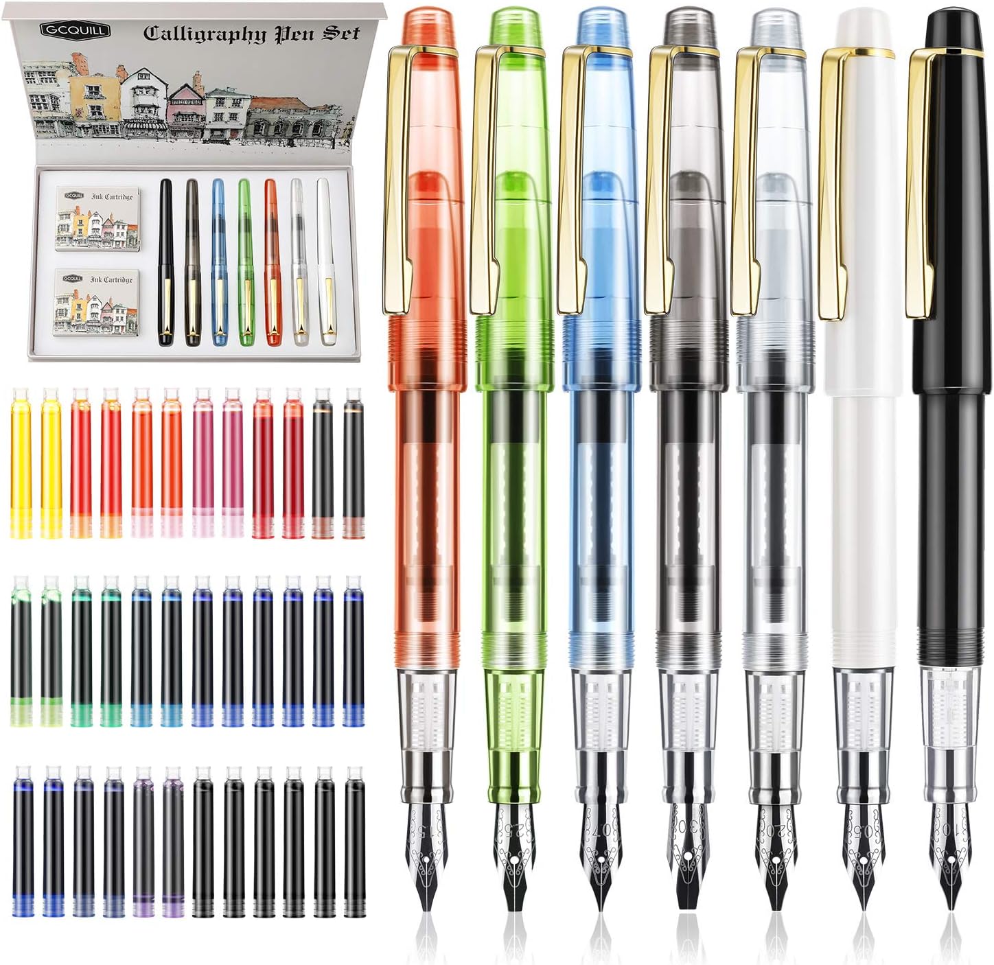 Calligraphy Set Fountain Pens 7 Different Size Nibs and 36 Assorted Ink Cartridges Kit for Calligraphy Lettering - Complete Easy Learning Set for Beginners F736
