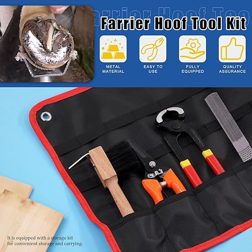 Miniatura 3 de Glarks Juego de herramientas profesionales de herrador, 5 piezas, pinzas para pezuñas, escobilla para pezuñas, cepillo de pezuñas con bolsa de