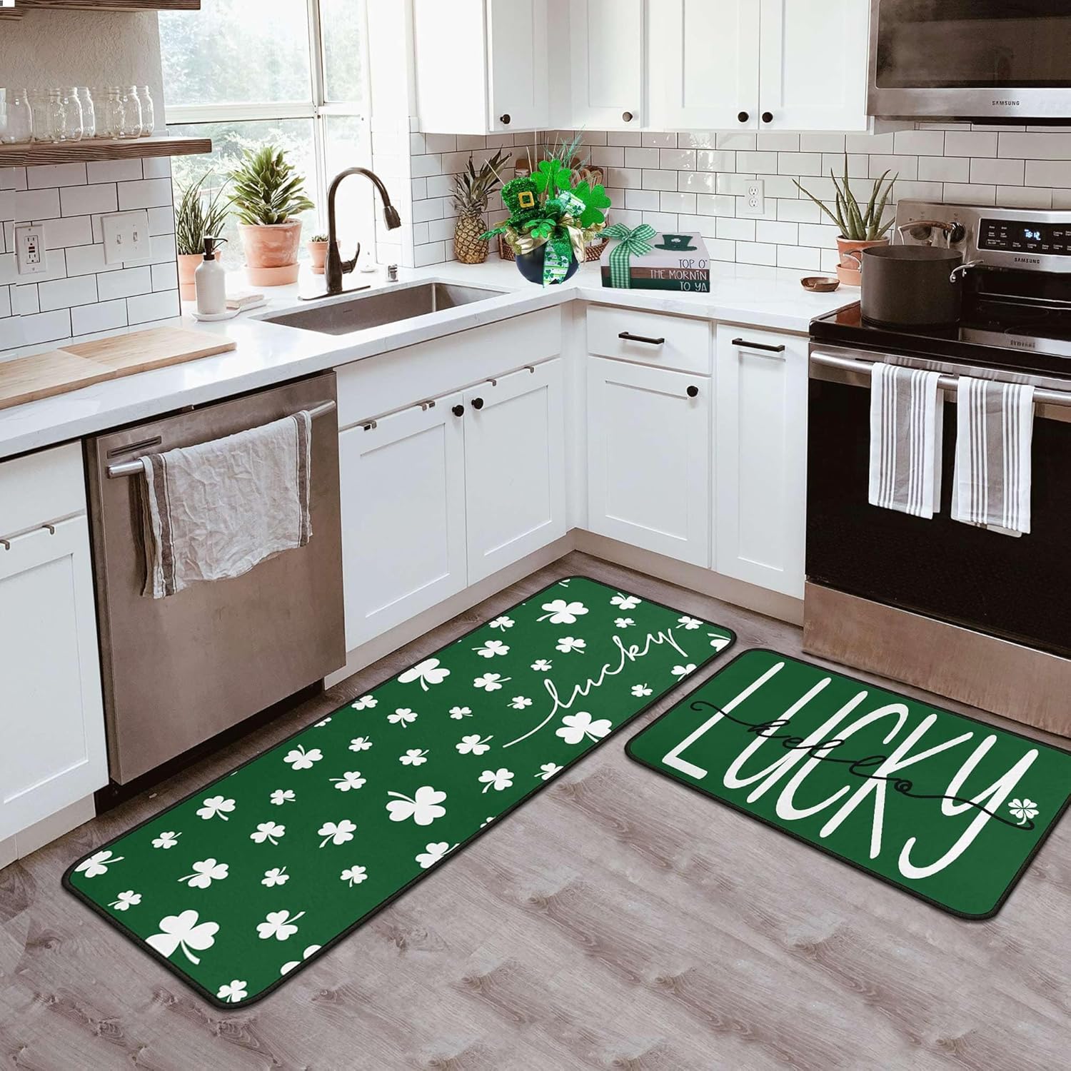 St. Patrick's Day Kitchen Rugs Set of 2, Saint Patricks Day Decorations Non Slip Backing Hello Lucky Clover Green Shamrock Kitchen Mats for Floor Irish Holiday Home Decor 17"X47"+17"X30"