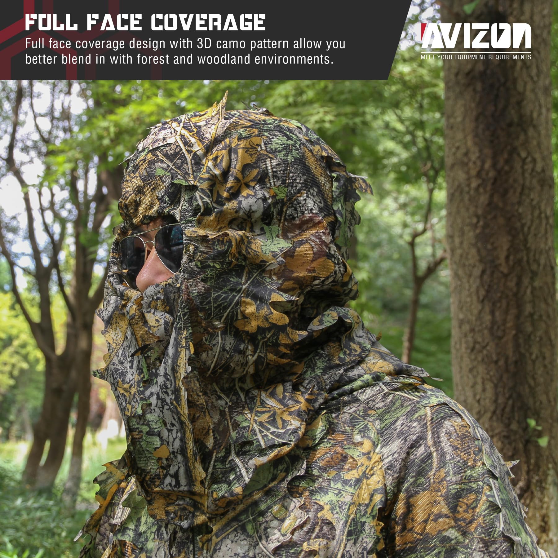Cagoule Chasse 3D Feuilles Camouflage – Maille Respirante, Camo Parfait Pour Bois & Printemps