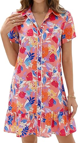 LYANER Women's Floral Collared V Neck Button Down Short Sleeve Sundress Beach Mi